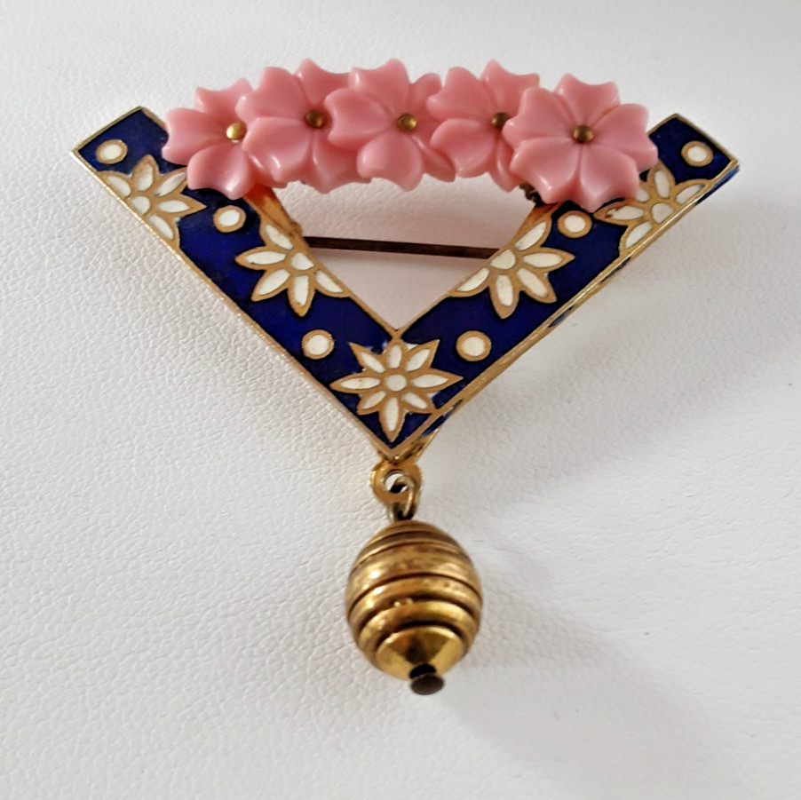 VTG~ Unsigned Miriam Haskell? Brooch Pin~ 2 Inch~ Enameled~ Hand Wired Gold~