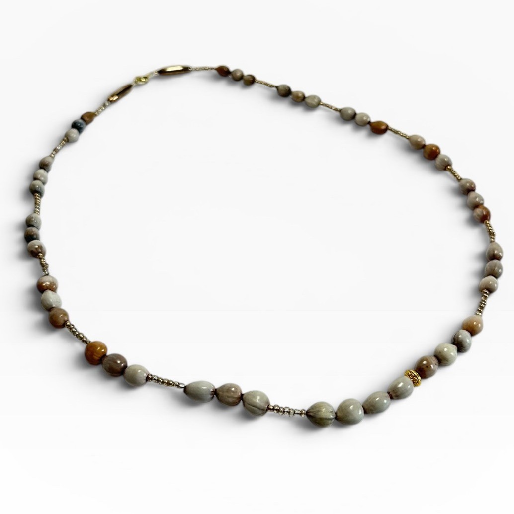 Job’s Tears Beaded Necklace 25″ Grey Tan Boho Organic