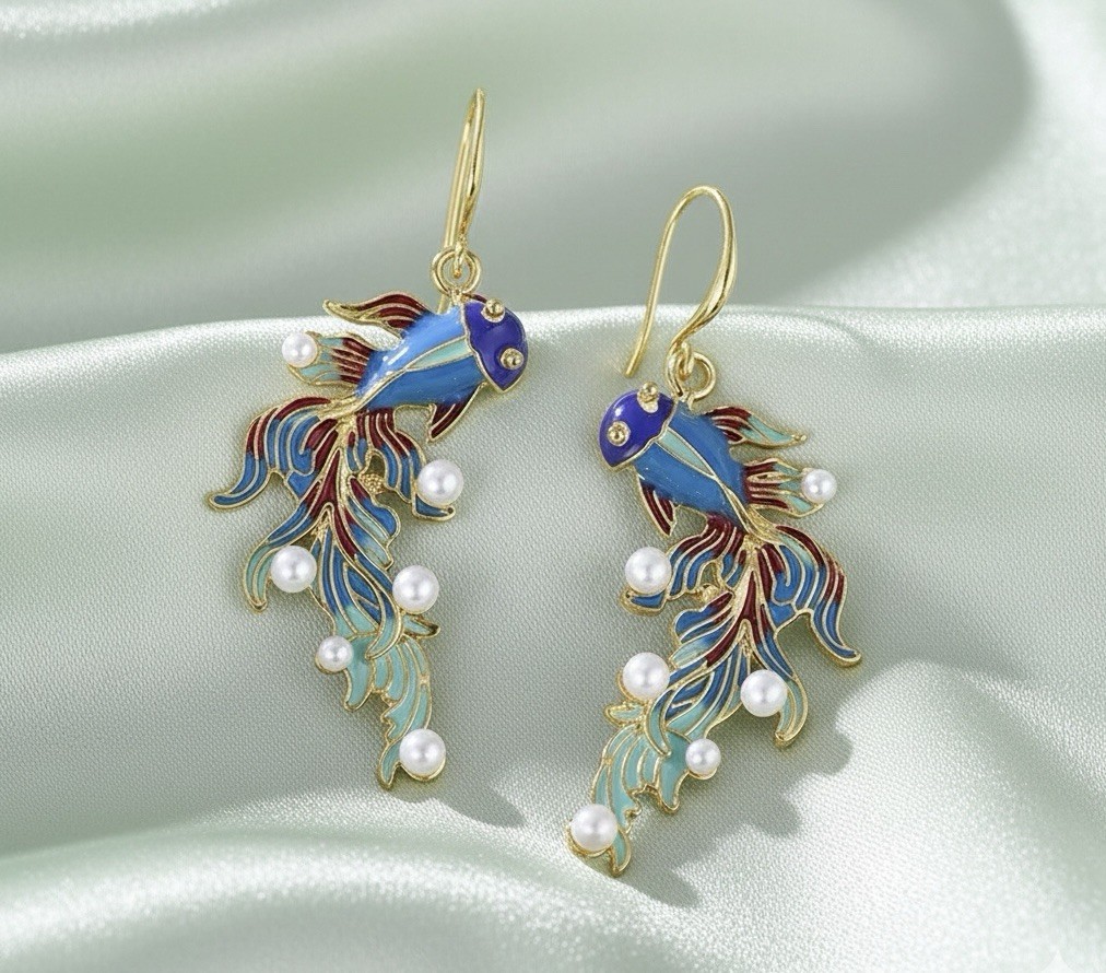 Fish Earrings VTG Gold Koi Goldfish Museum Pearl VTG Revival Nouveau Art Deco CZ