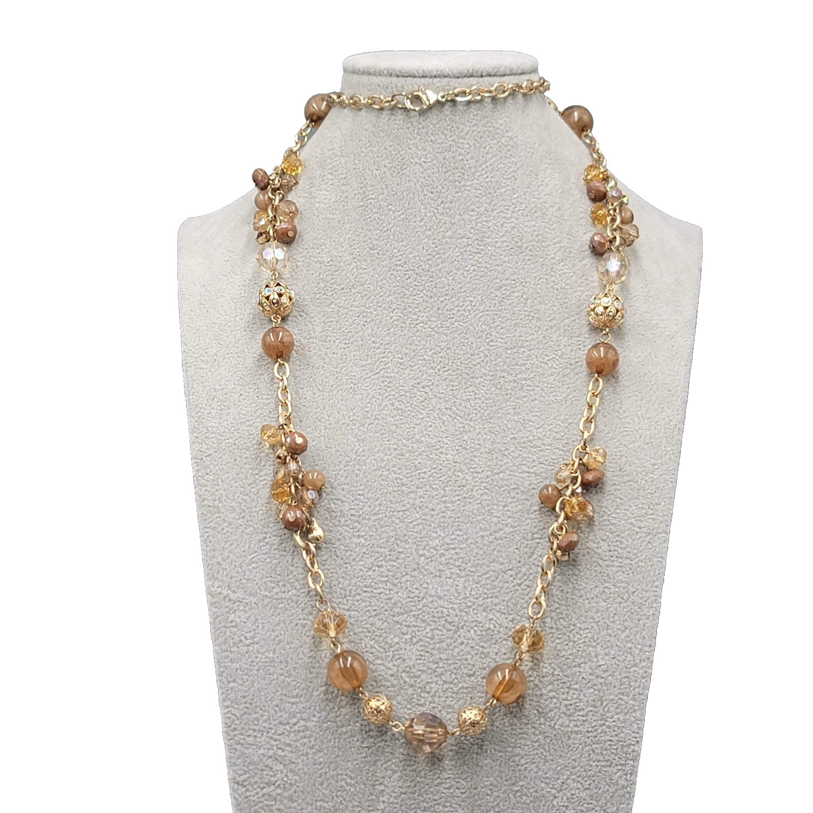 Gold Tone Beaded Station Necklace 36 in Brown Glass Filigree Beads Chain Womens