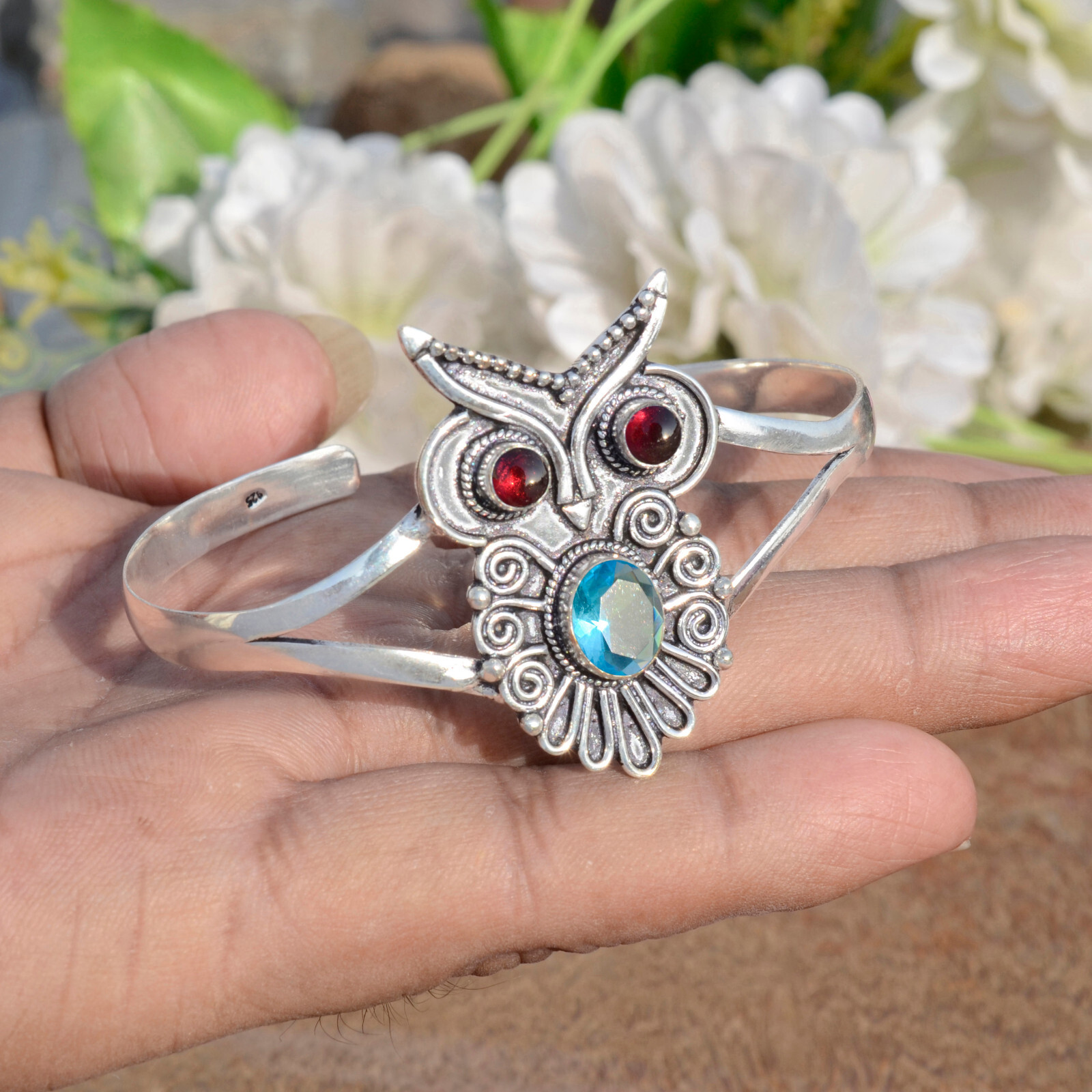 Blue Topaz & Garnet Gemstone 925 Sterling Silver Bracelet For Couple’s Jewelry
