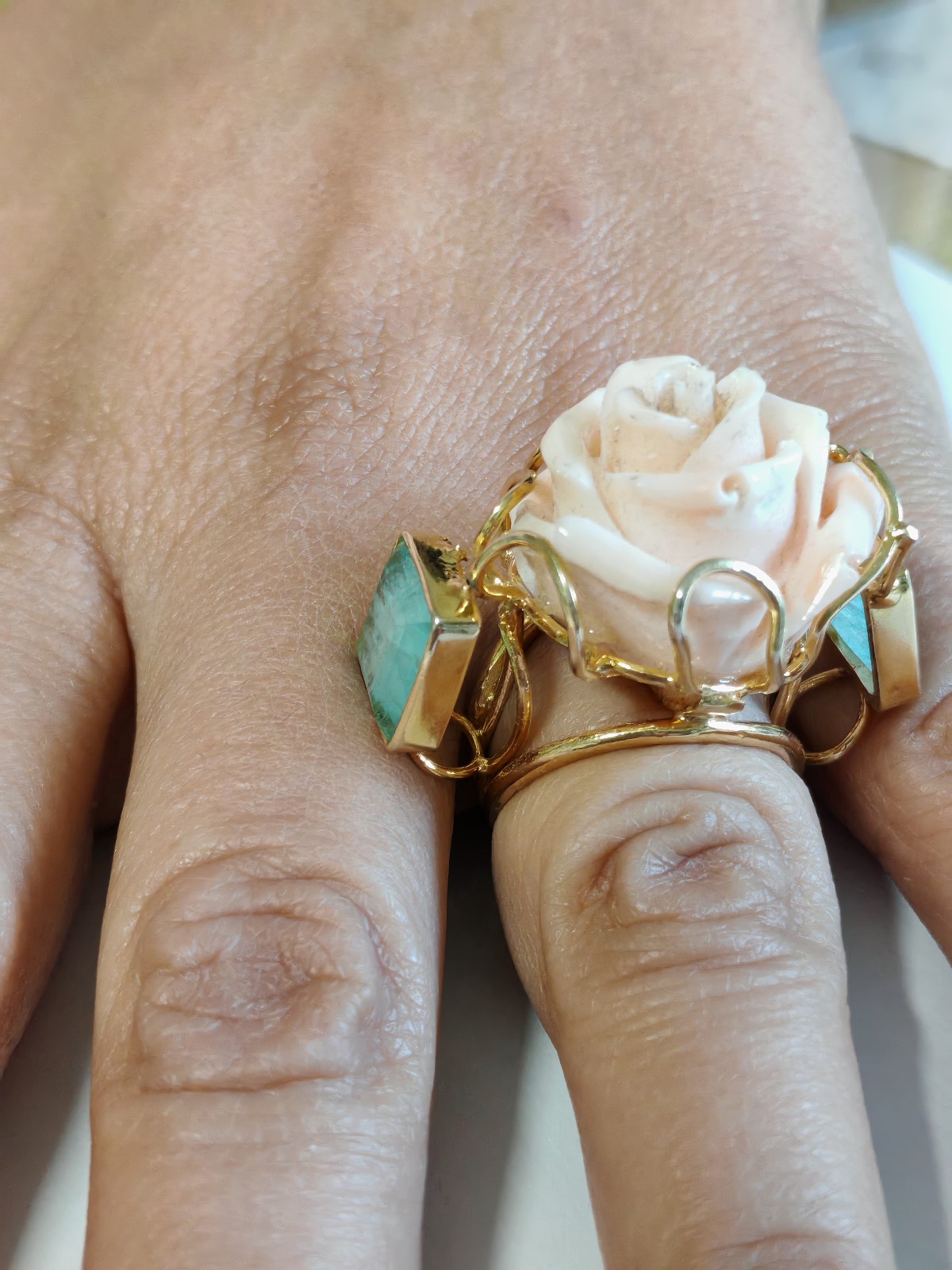 Women’s Ring Real Coral Pink Band 925 Silver Plac Yellow Gold Handmade