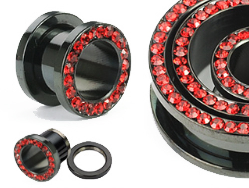 PAIR Red Gem Rimmed Screw Fit Tunnels Black Titanium Steel Plugs Earlets Gauges