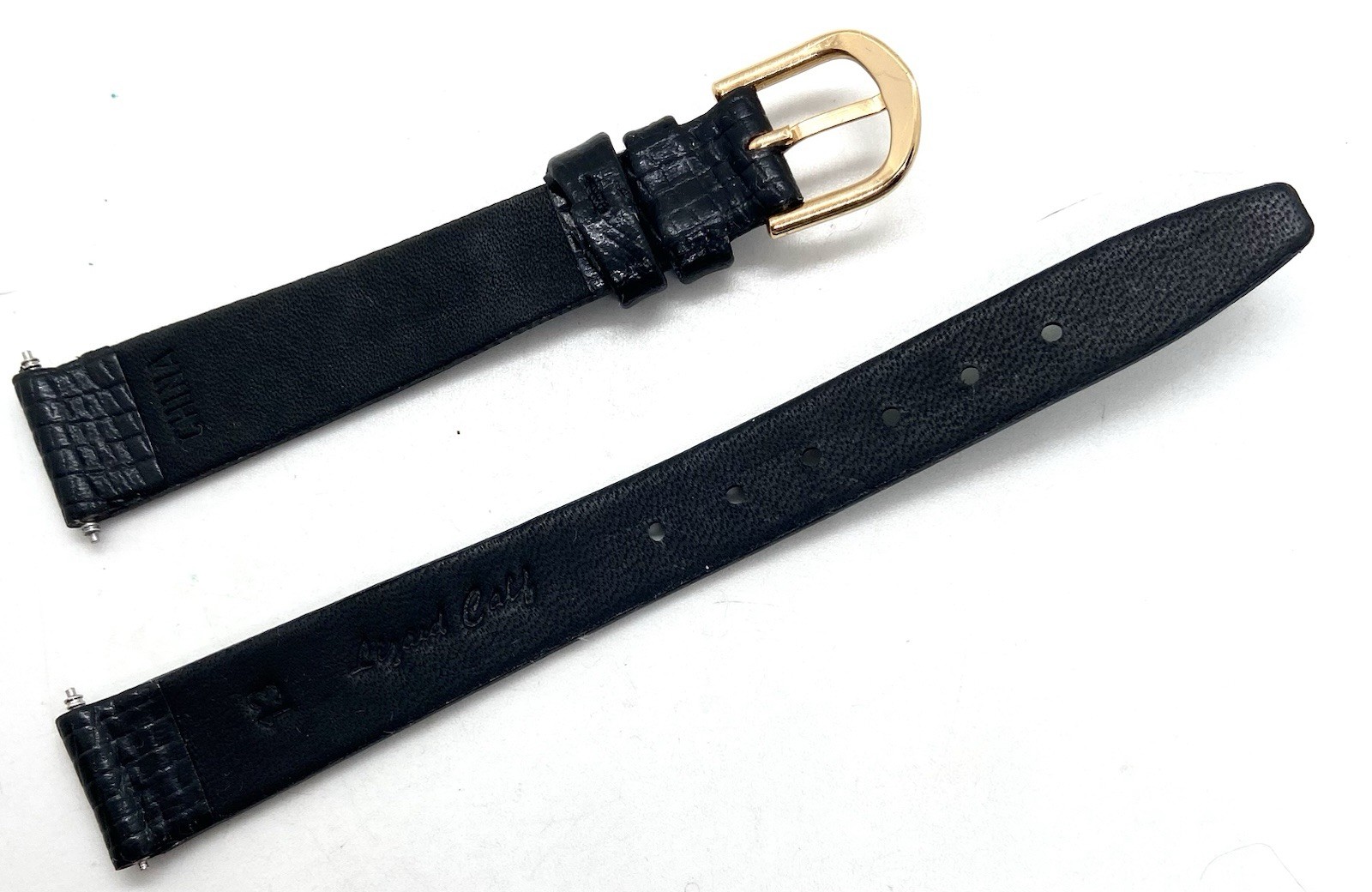 NEW NOS Watch Band 13mm Lug Black Lizard Calf Leather Gold Buckle W/Spring Bars