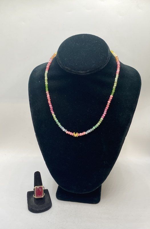 Sterling Silver 925 Multi Gemstone Beaded Necklace Initial M Ring Set Size 6