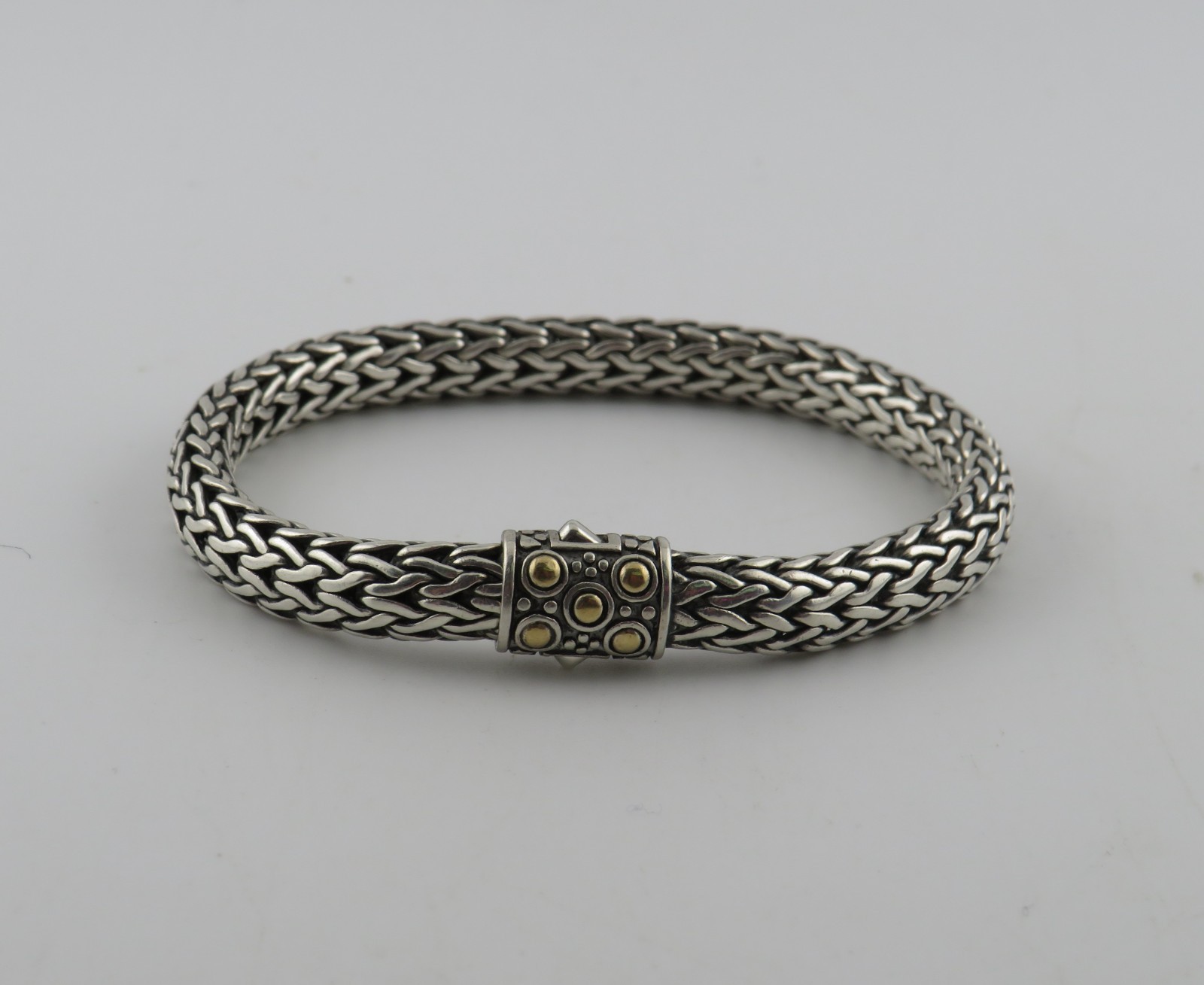 John Hardy Sterling Silver & 18K Yellow Gold Dot Braided Woven Bracelet 7″ #S035