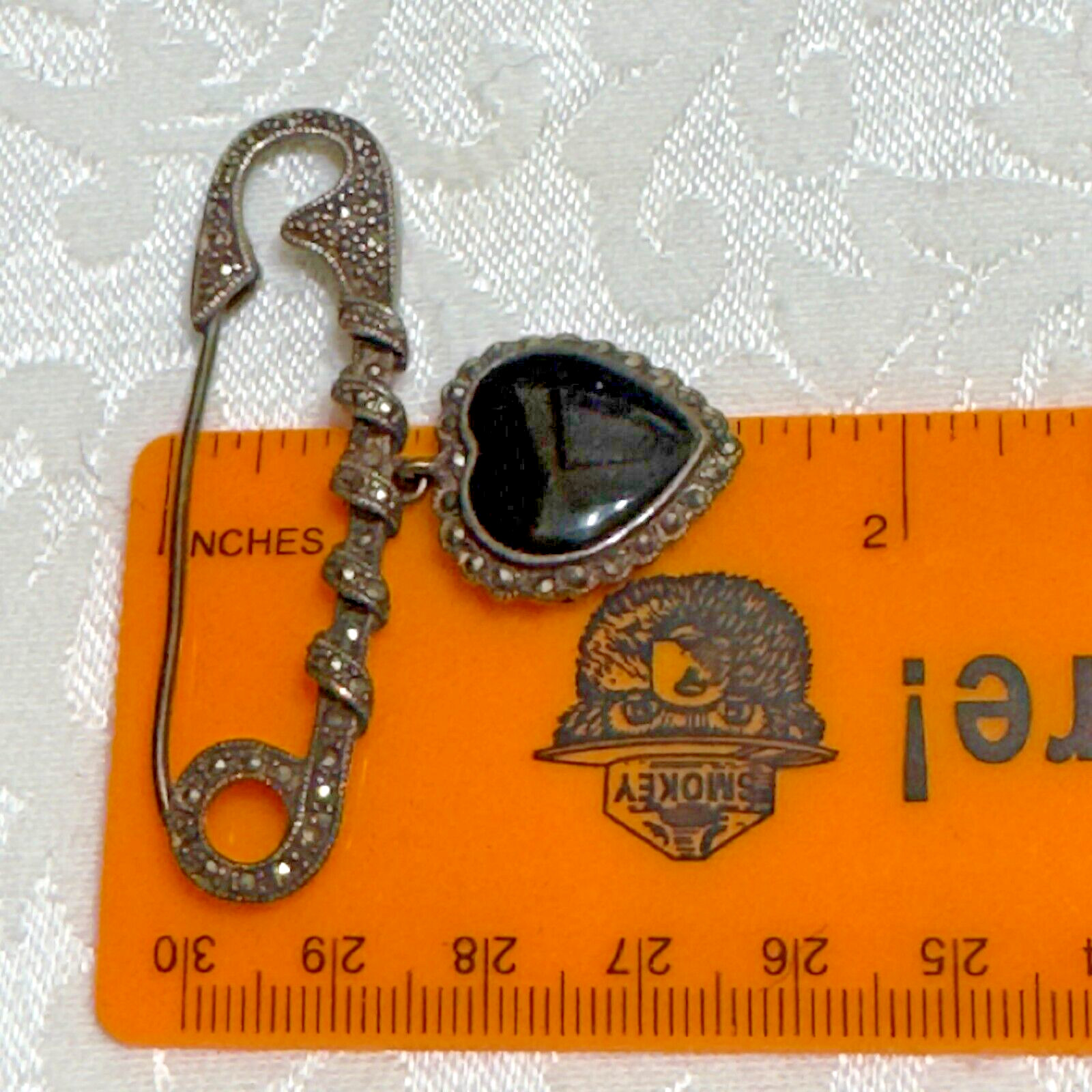 925 Sterling Silver Vintage Black Onyx Marcasite Brooch Safety Pin Heart 9.45g