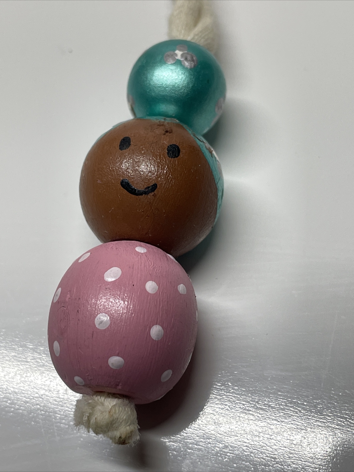 Vintage wooden handmade doll necklace hand painted Beads Pink Aqua Blue