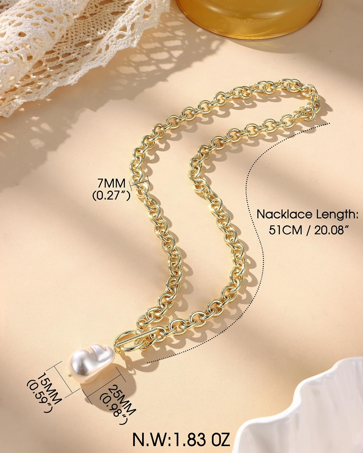 16K Gold Plated Chunky Gold Plated Necklace for Women Non Tarnish, 36” /92Cm Lo