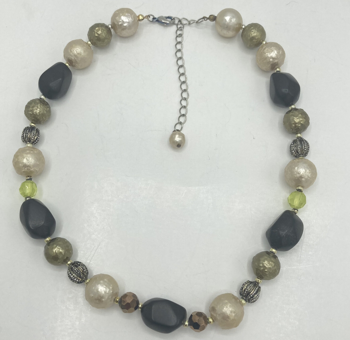 Green Brown Cream/ Champagne Color Textured Beaded 16” Single Strand Necklace