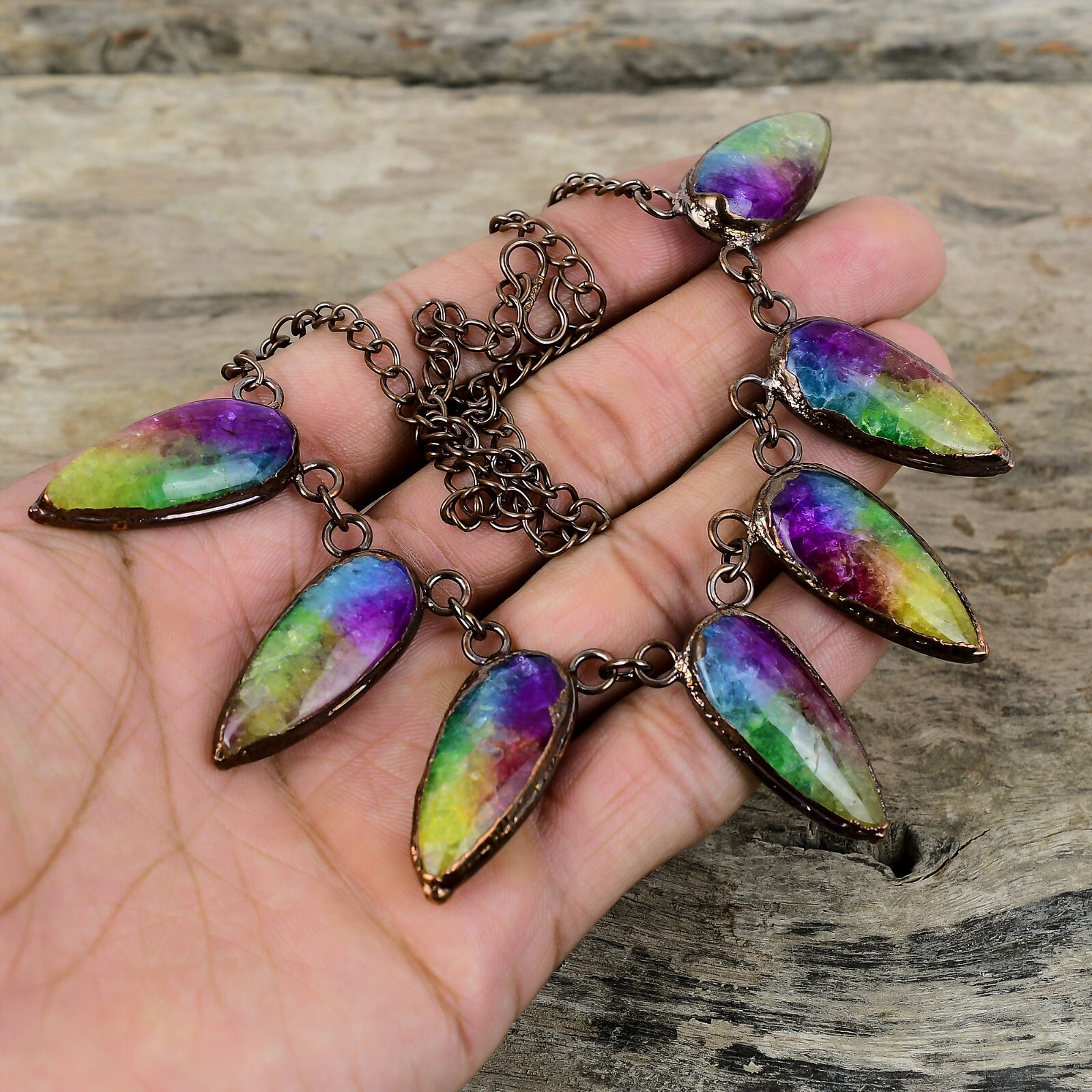 Gift Electroformed Adjustable Necklace Copper Rainbow Solar Quartz Druzy 18.0″