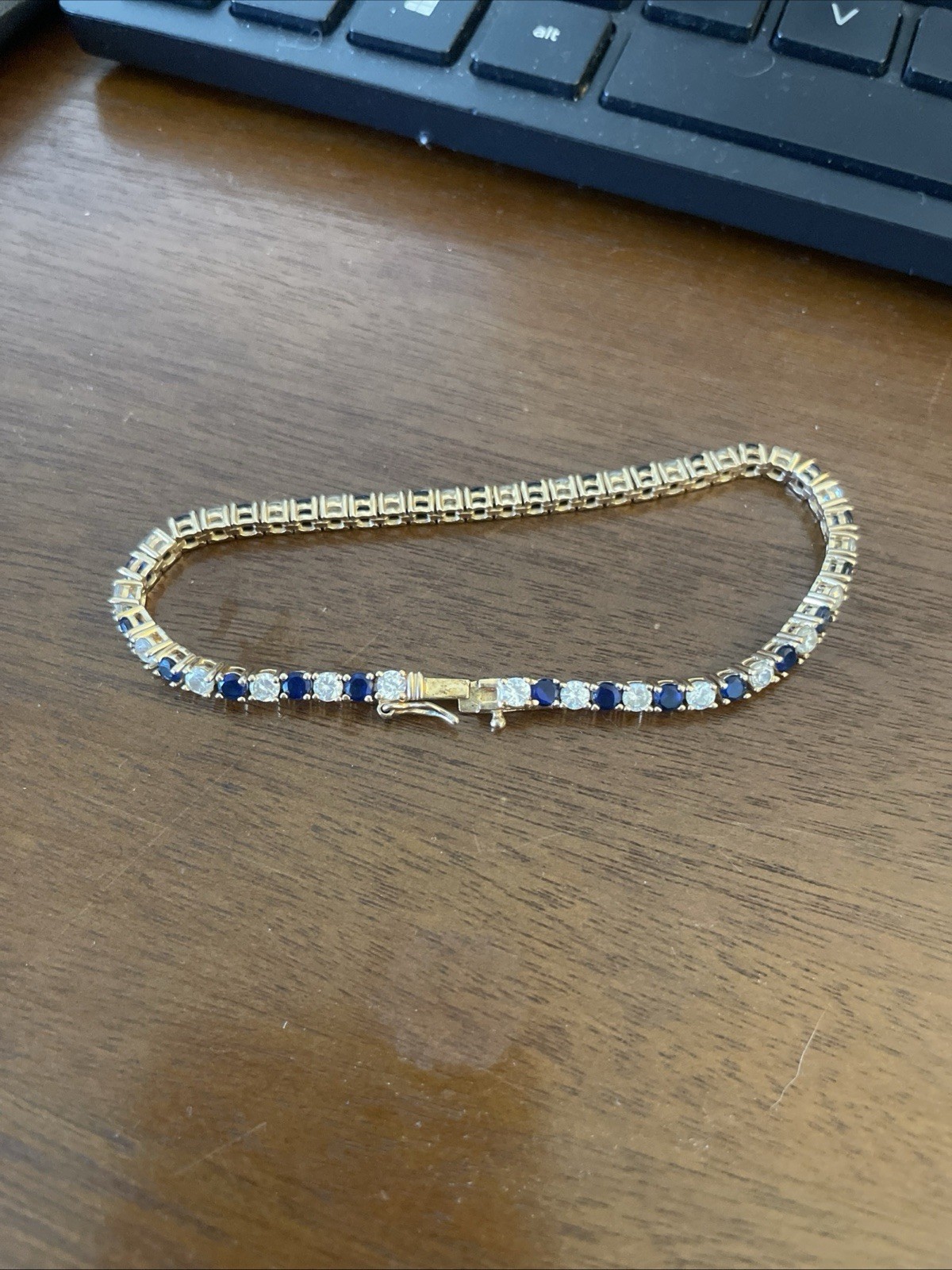 925 Sterling Silver Gold Plated Blue Clear Stone Tennis Bracelet 4mm
