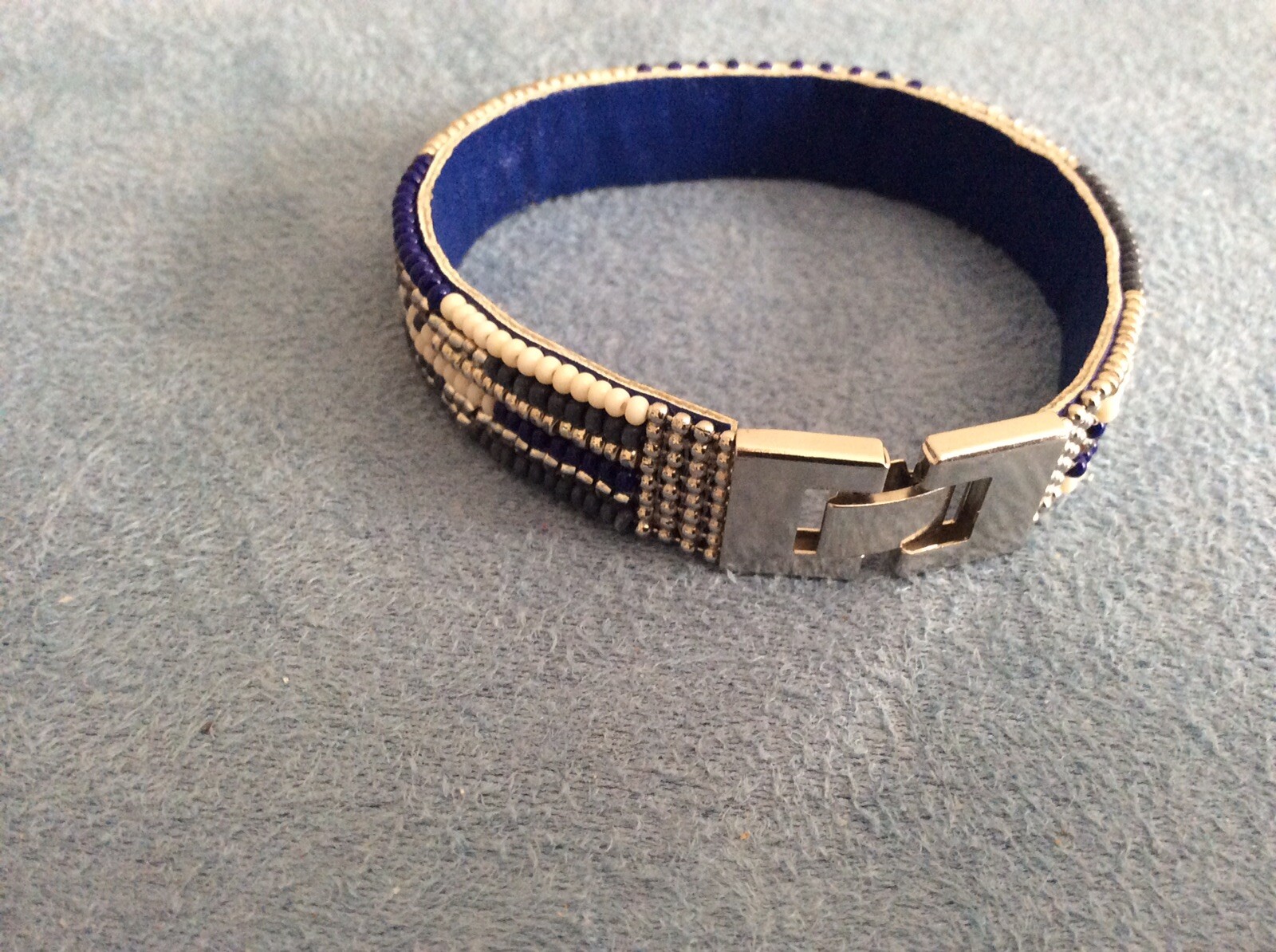 Blue White Silver Seed Bead Band Boho Bracelet Silver Fold Over Clasp Elegant
