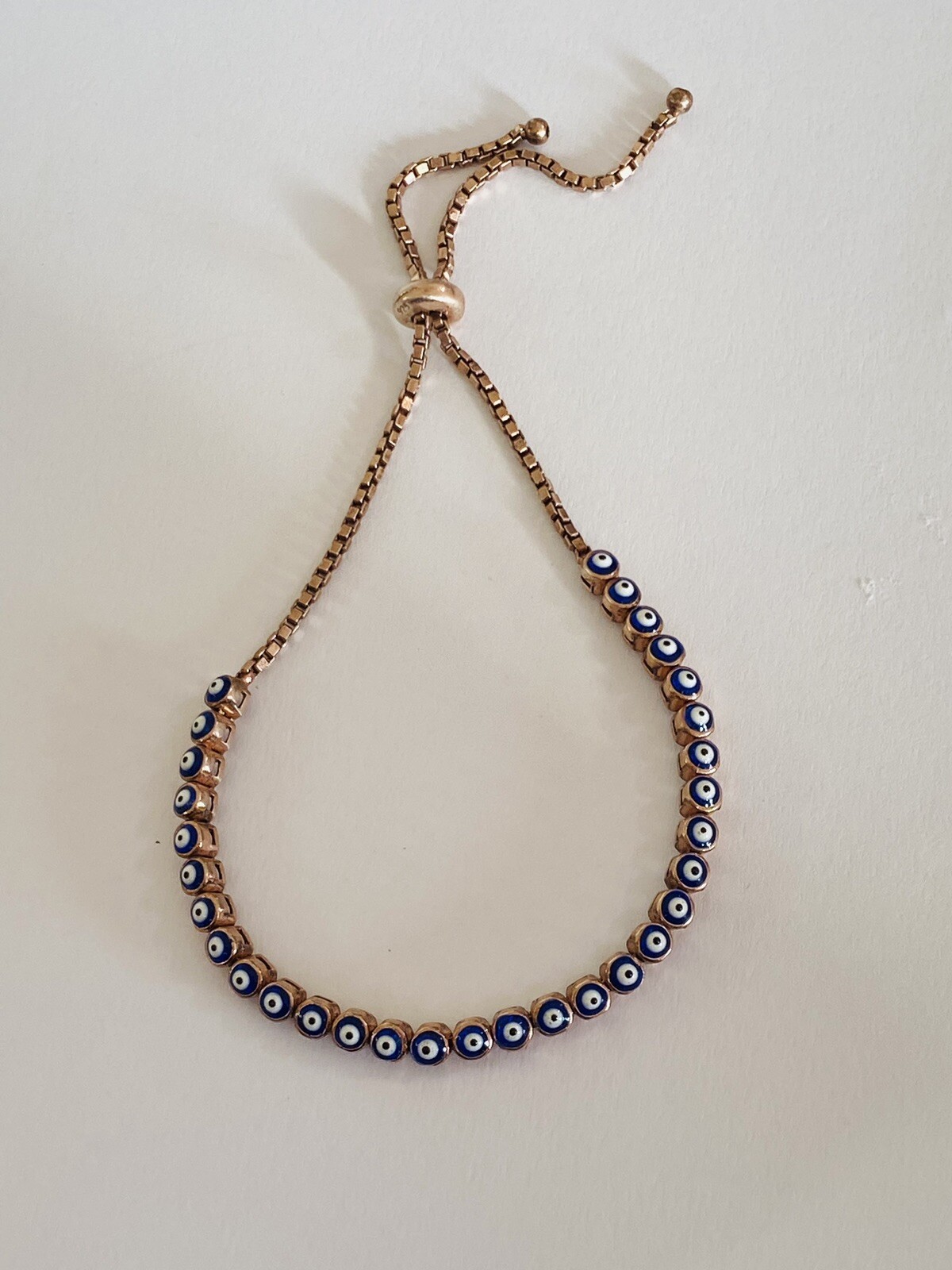 925 Sterling Silver Rose Gold Color Vermeil Evil eye Link Chain Bolo Bracelet