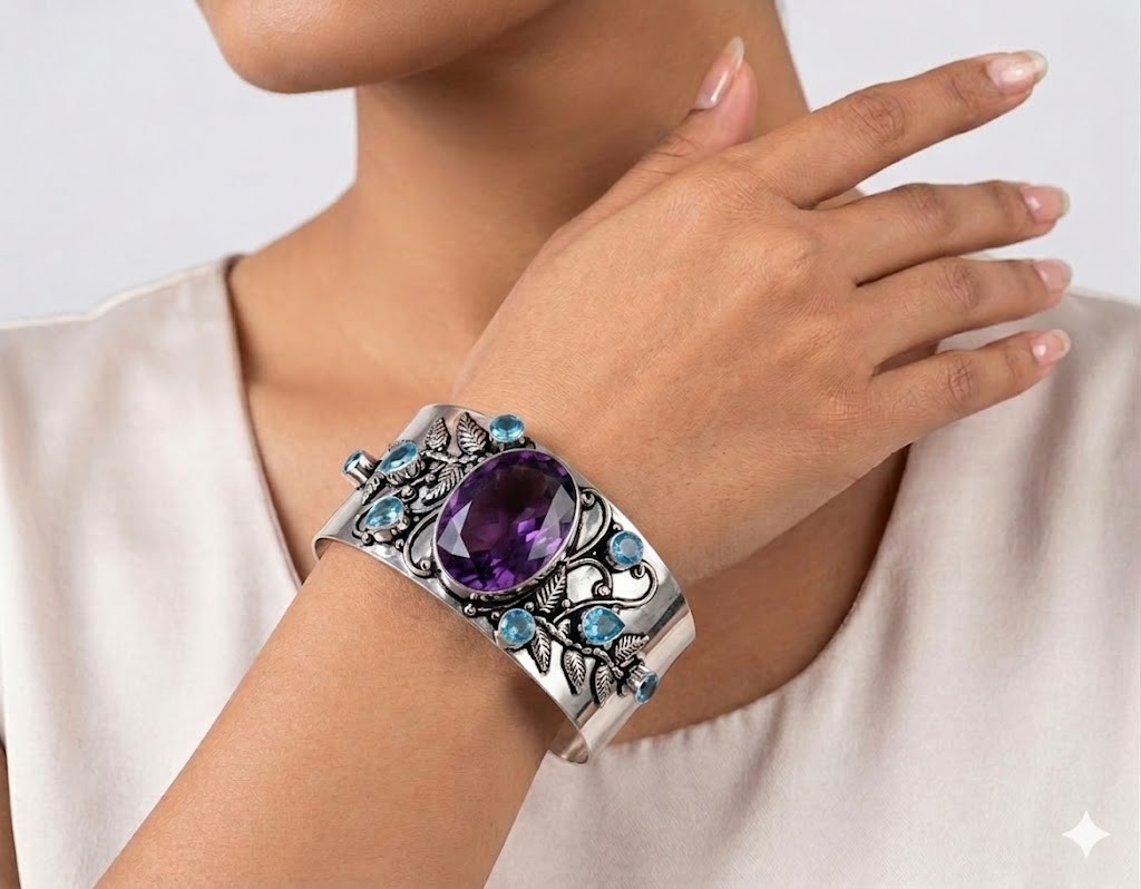 925 Sterling Silver Amethyst & Blue Topaz Gemstone Jewelry Cuff Bracelet Size