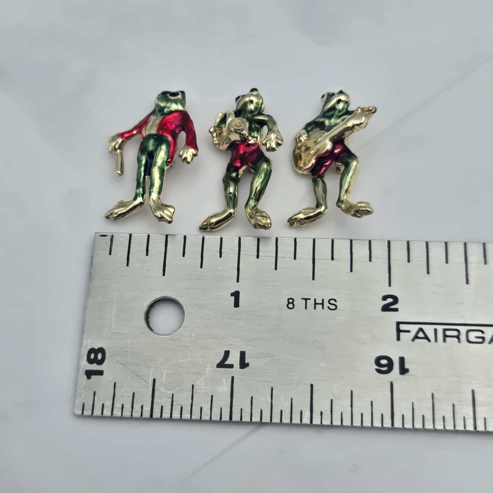 Frog Music Band Enamel Brooch Set of 3 Green Red Gold Novelty Pins Quirky