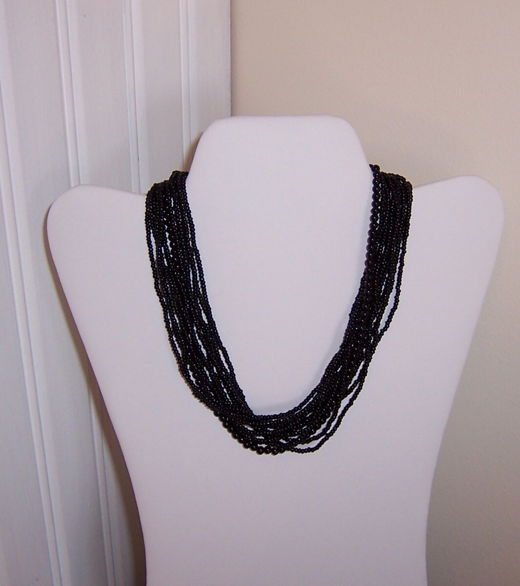 Black Multi Strand Seed Bead Necklace – Silver tone clasp – 16-1/2″ Long #N306