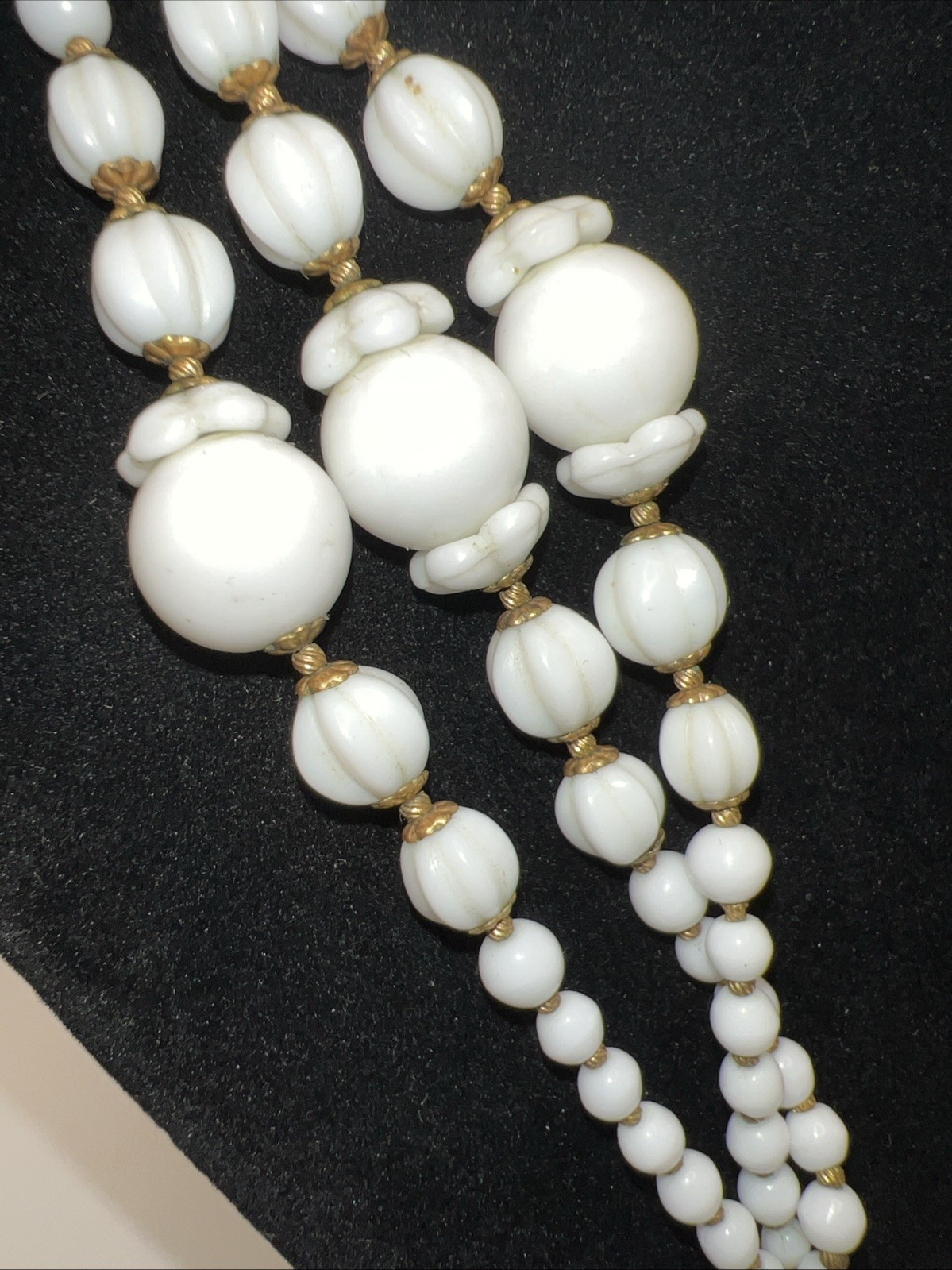 1930s 40s Milk Glass Lariat Necklace Rhinestone Multi Strand Art Deco 34”