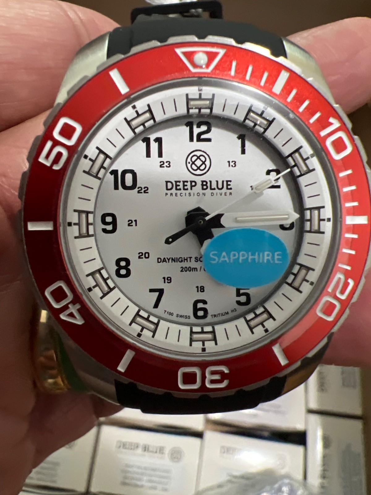 DEEP BLUE WATCHES❤️SOLOR SS DIVER🫶STRAP RED WHITE BEZEL🤩WHITE DIAL📞