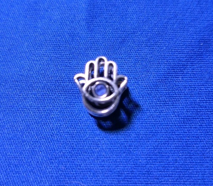 Ale, Silver Tone Openwork Hand/Hamsa Bead Charm, Blue Stone Accent Large Hole