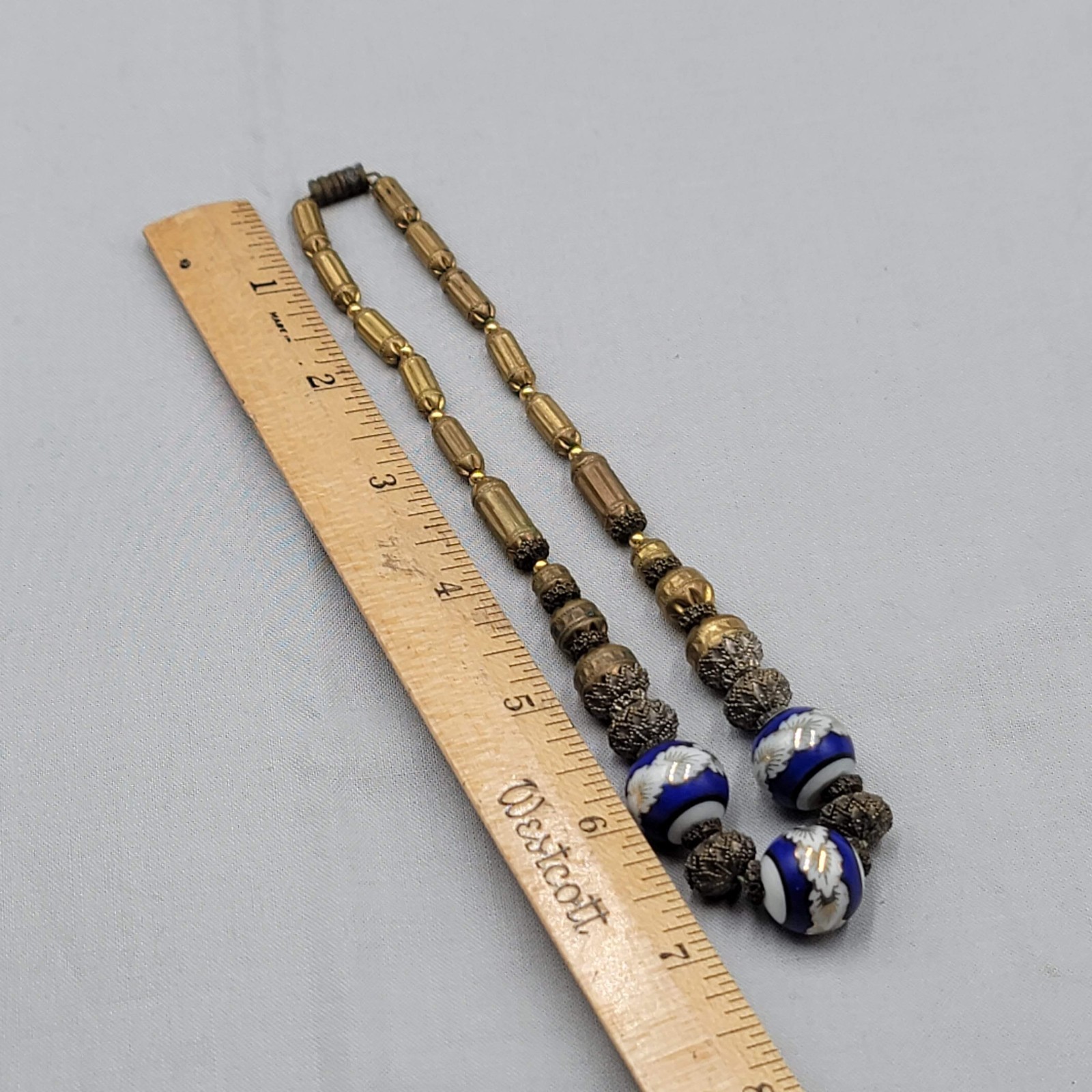 Antique Necklace Enamel Ceramic Filigree 15 in