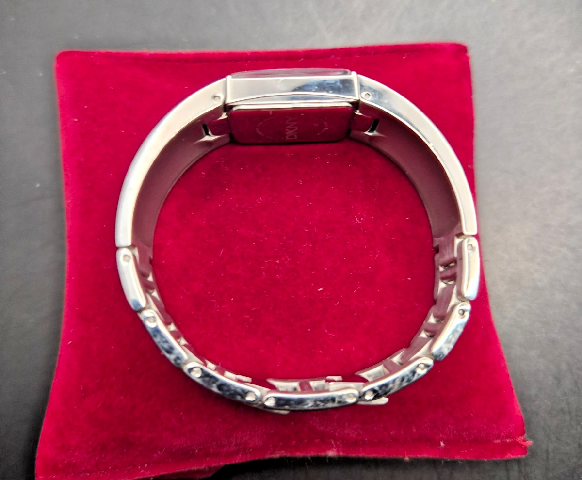 DKNY Ladies Rectangular Case Crystal Studded Semi Bangle Watch-VGC/Working