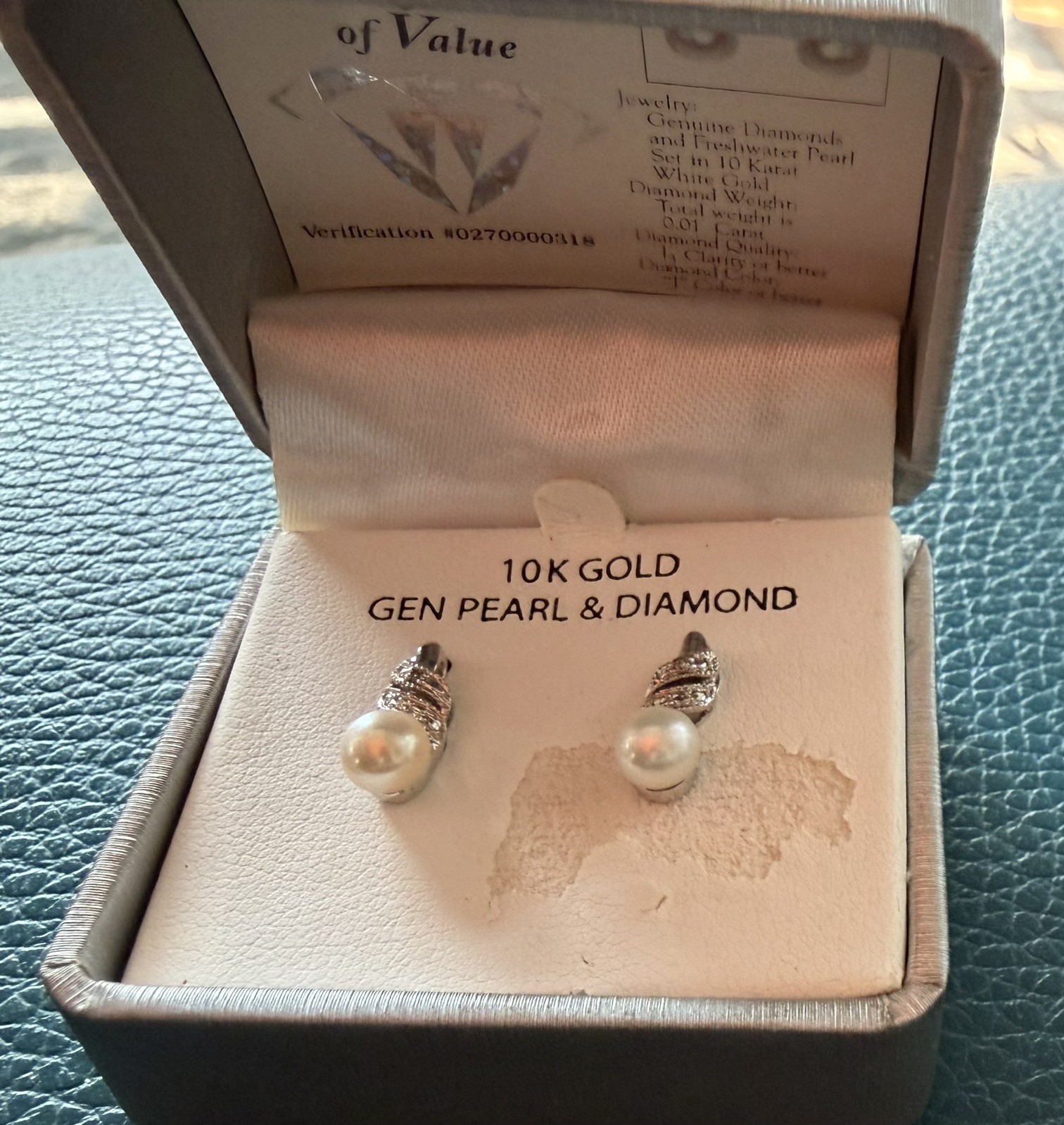 10k White Gold Diamond Freshwater Pearl Drop Dangle Earrings NIB w/Cert of Value