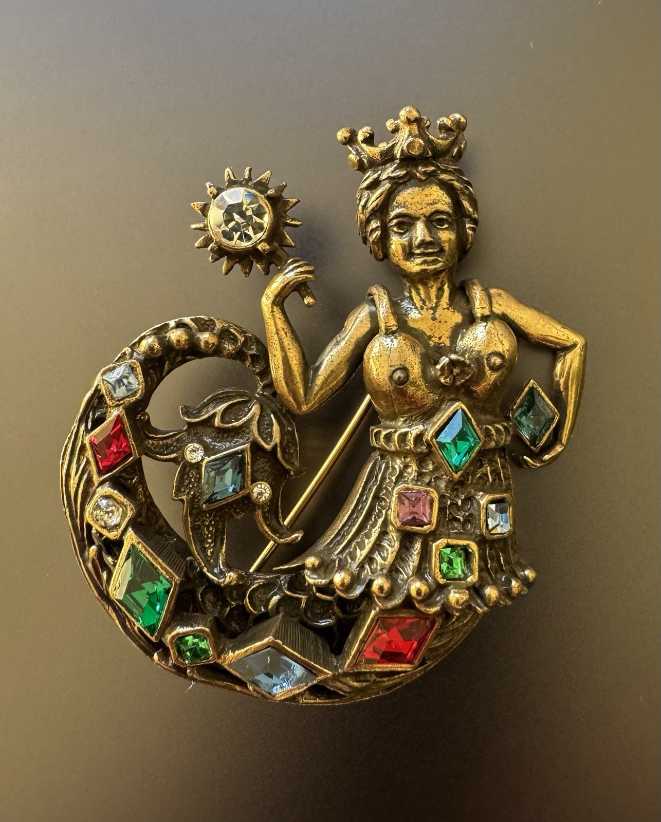 Vintage Jeweled Mermaid Beautiful Brooch/Gold Tone