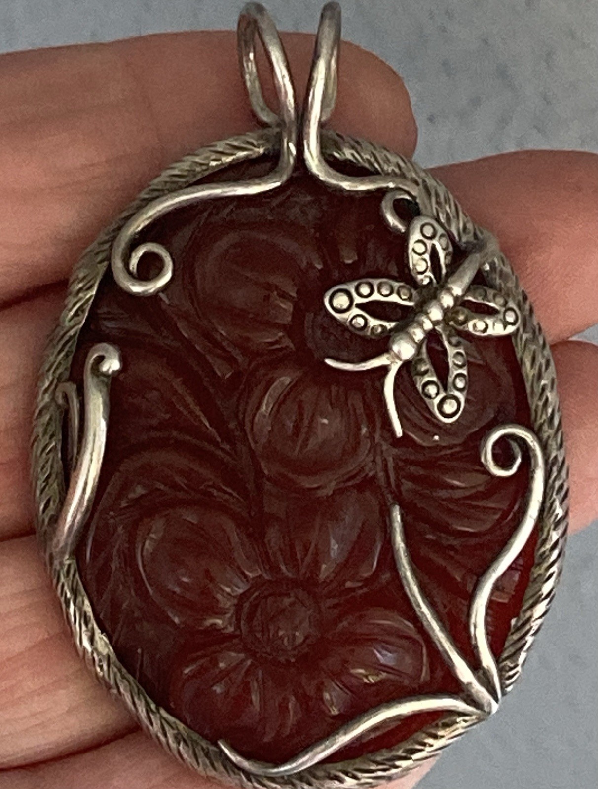 Carnelian Agate Butterfly Flower Big PENDANT Sterling Silver 925 Red Necklace