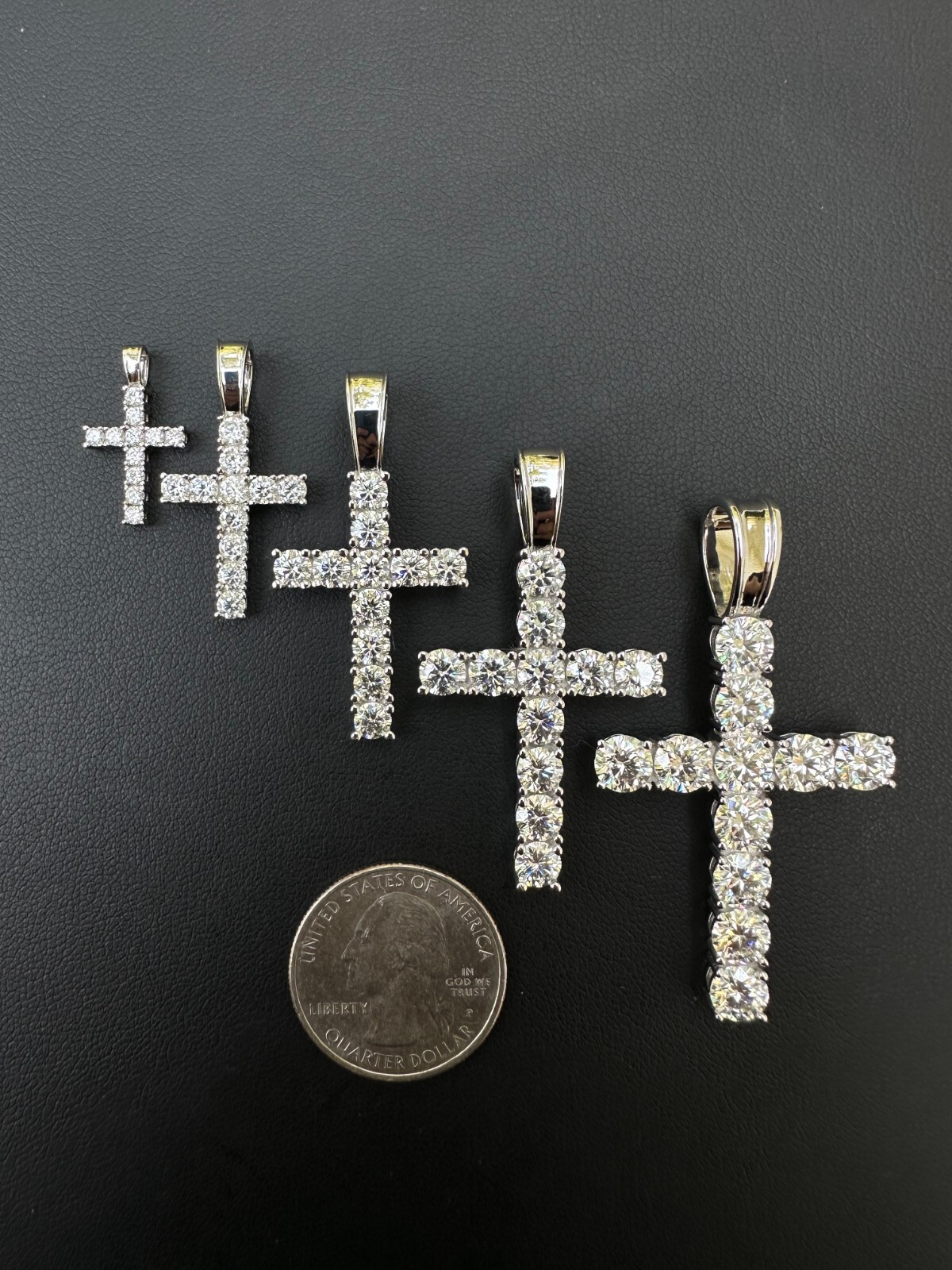 Real MOISSANITE Solid 10k White Gold Iced Tennis Cross Pendant Necklace 5 Sizes