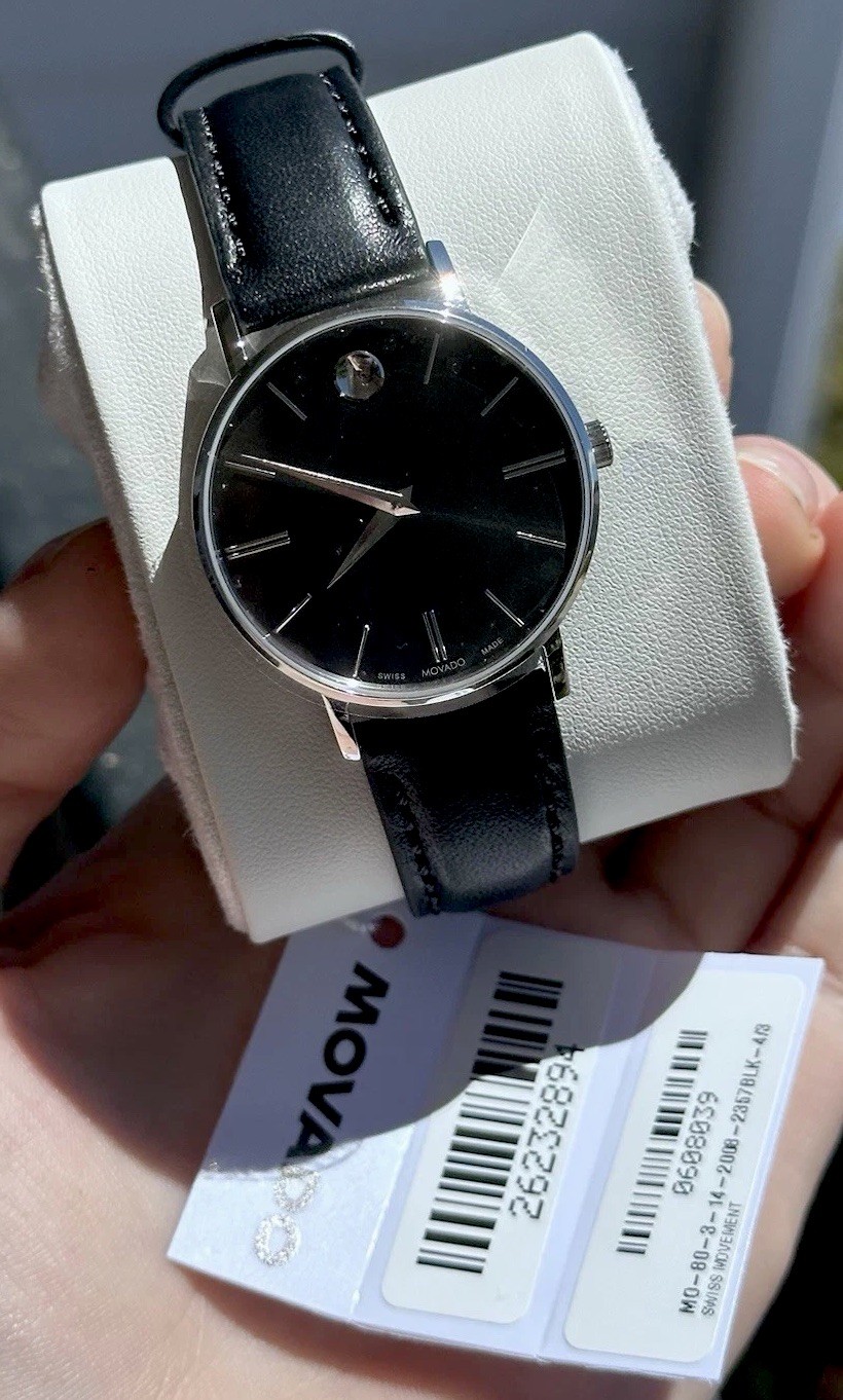 Movado Classic / Museum-Style Ladies’ Watch, Black Leather, New With Box & Tags