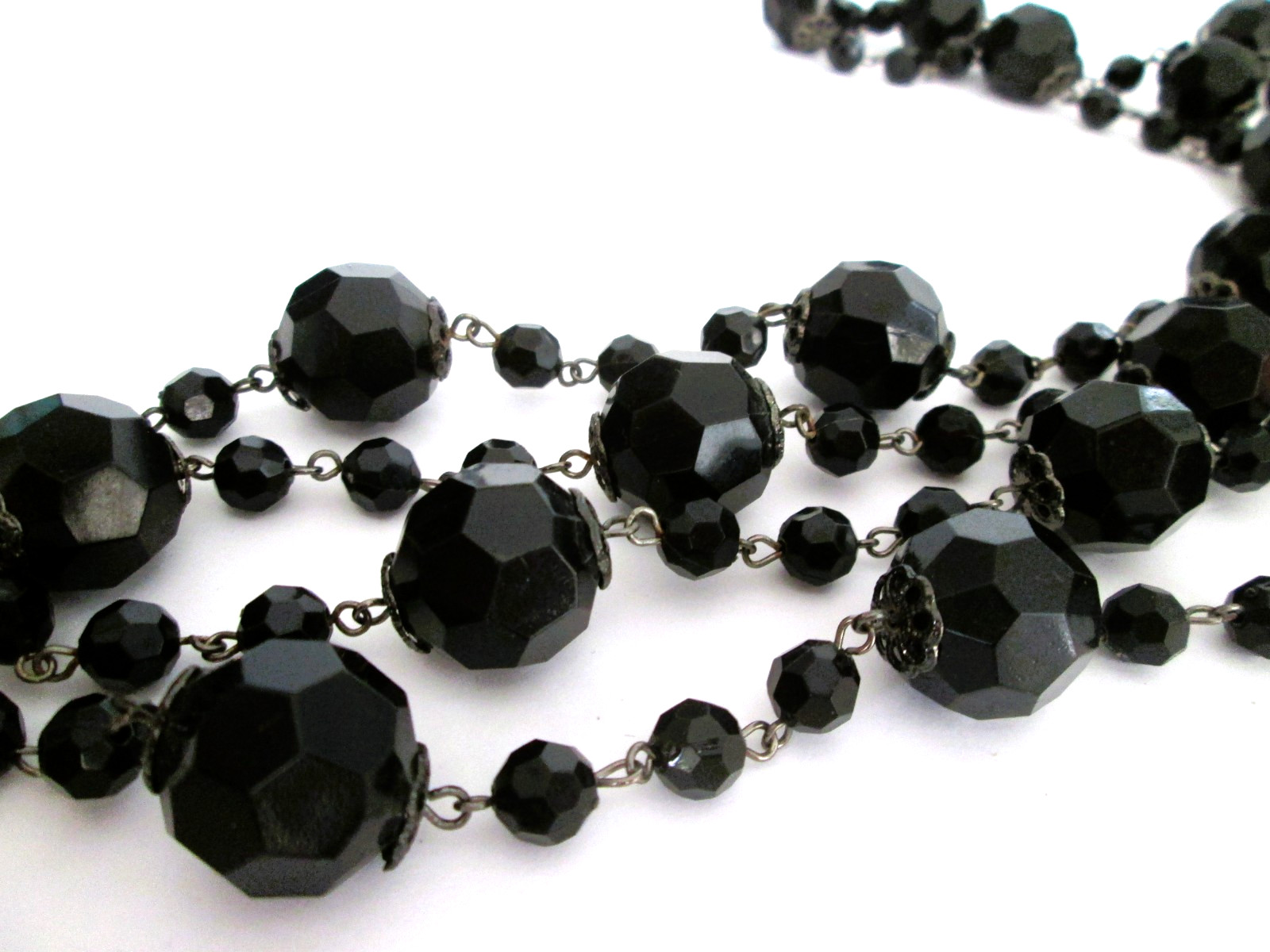 Vintage Jet Black Faceted Bead Long Flapper Necklace 54″ Retro Goth Opera Length