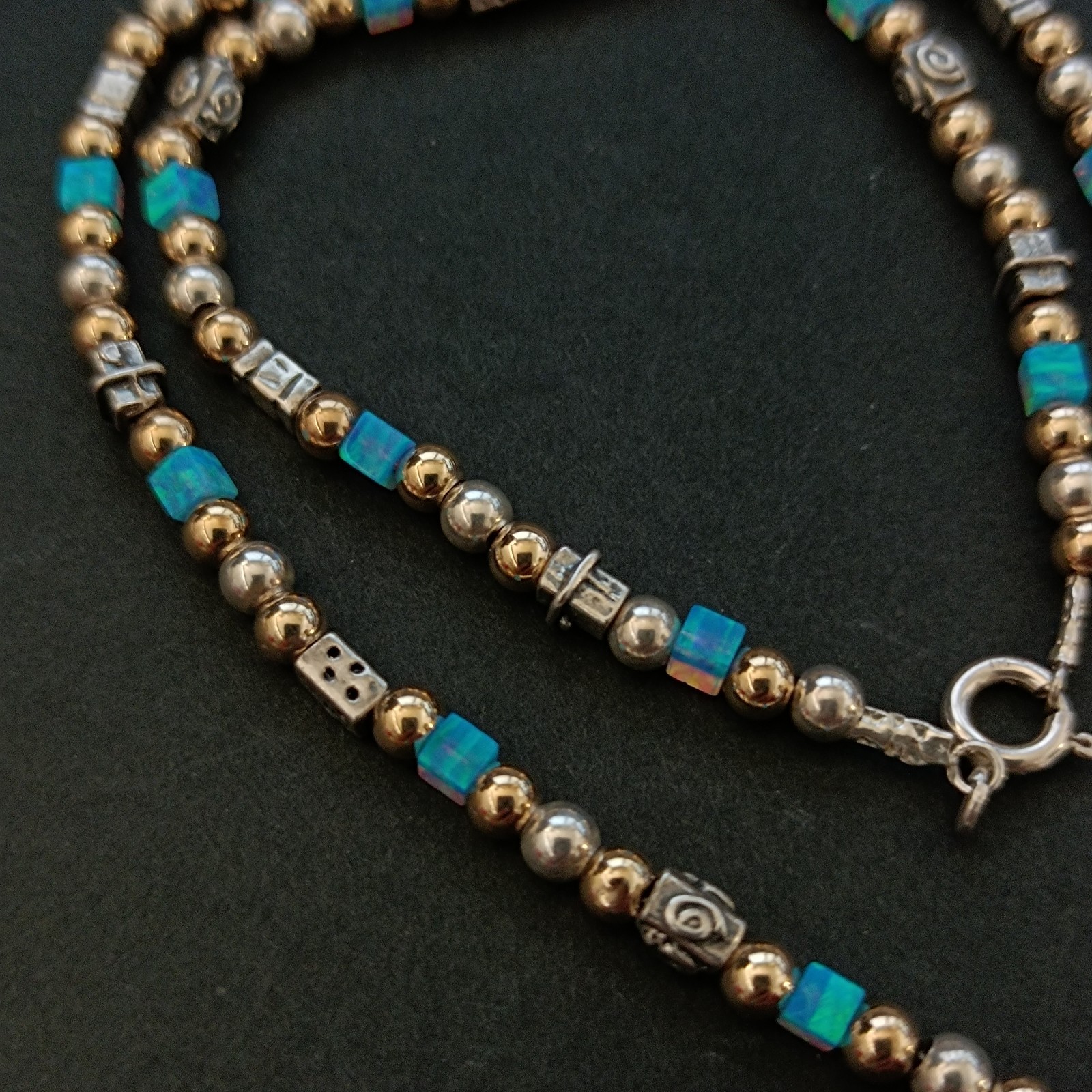Israeli Modernist Necklace Sterling Silver Gold Filled Artisan Chic Blue Stone