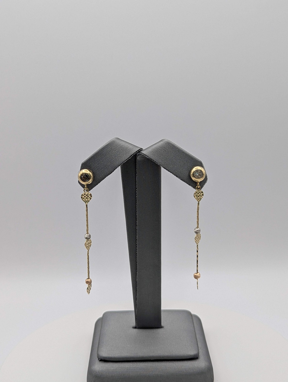 14K Tri Color Dia Cut Heart Dangly Earrings