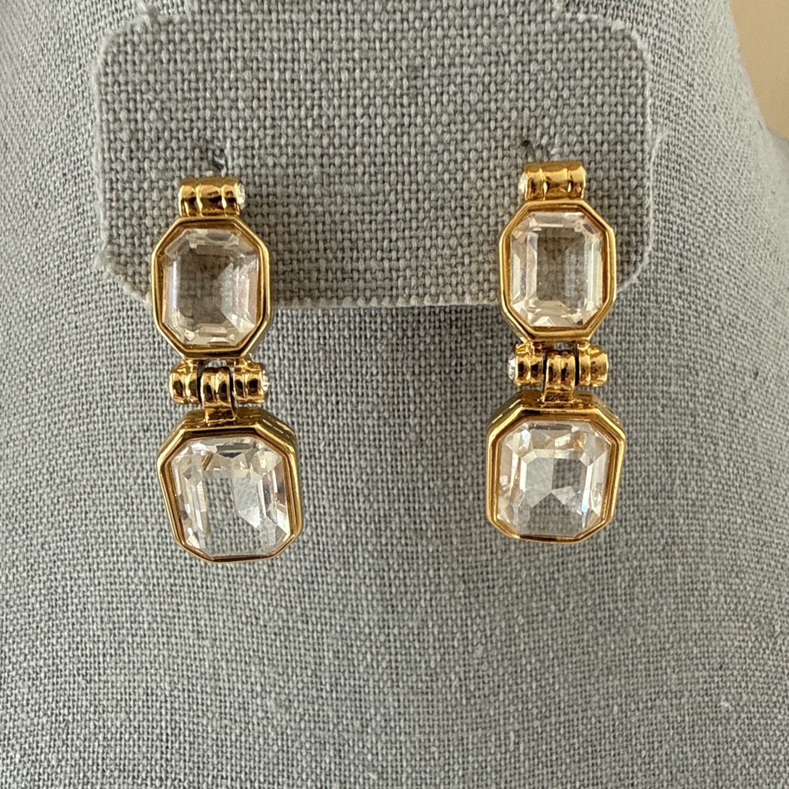 Vintage Nina Ricci Designer Gold Tone Crystal Drop Dangle Clip-on Earrings