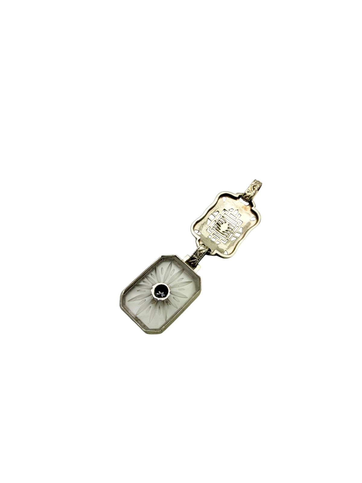 Art Deco 10k White Gold Filigree Camphor Glass Panel 10.8mm Pendant With Diamond