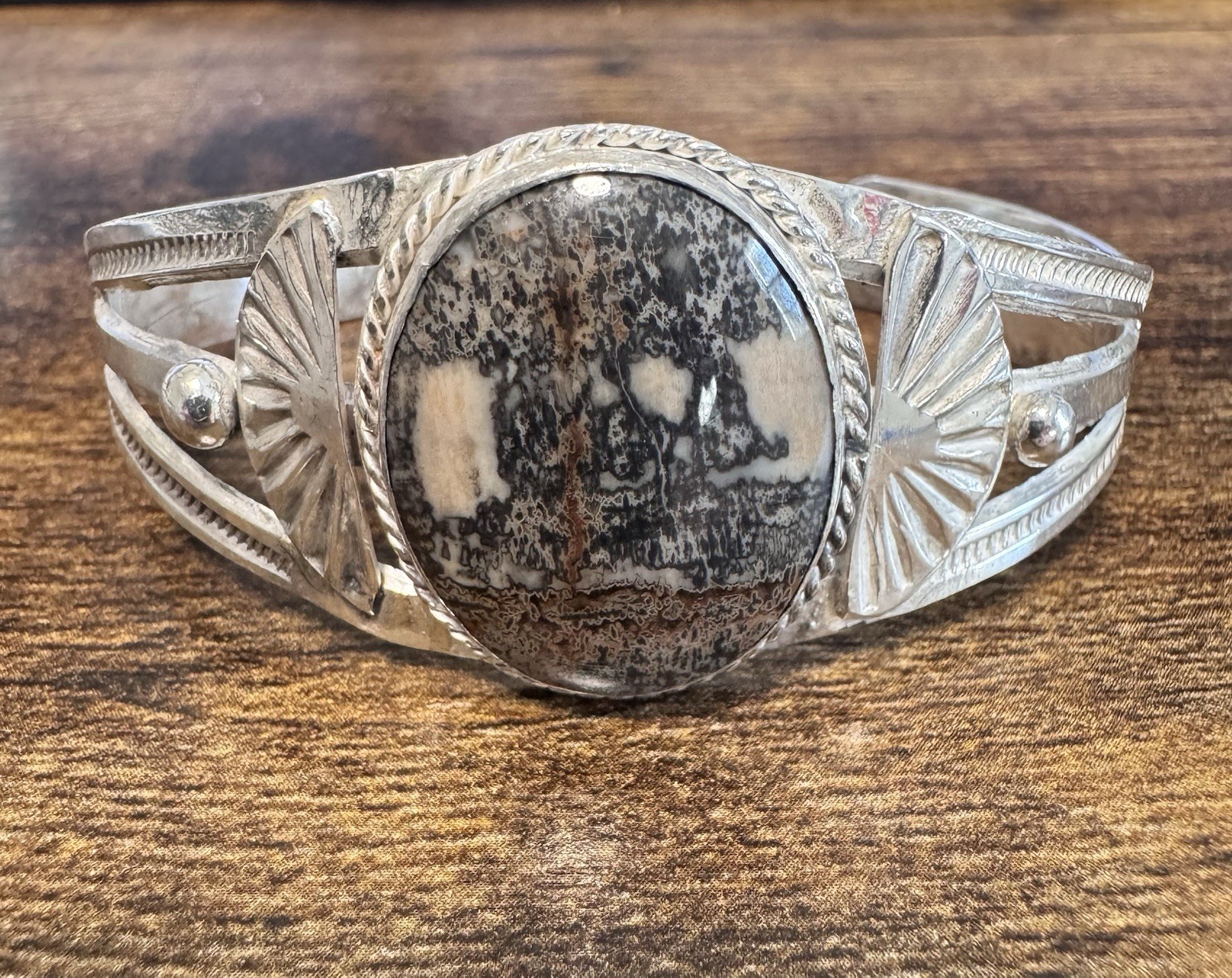 Sterling Silver Petrified Wood Cuff Bracelet – Vtg Southwestern Fred Harvey Era