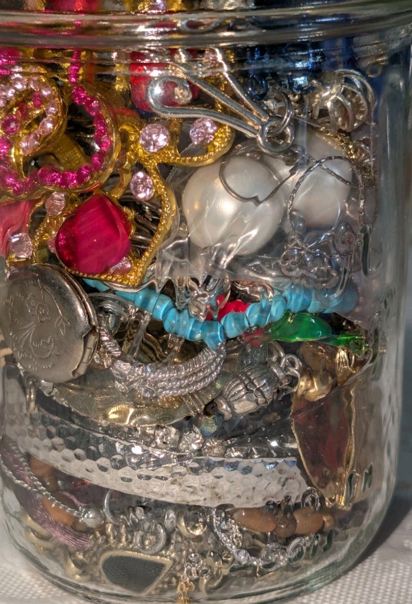 Curated Mystery Jewelry Jar Of Pre Loved Wearable Pieces 1960s-Now, W/Sterling