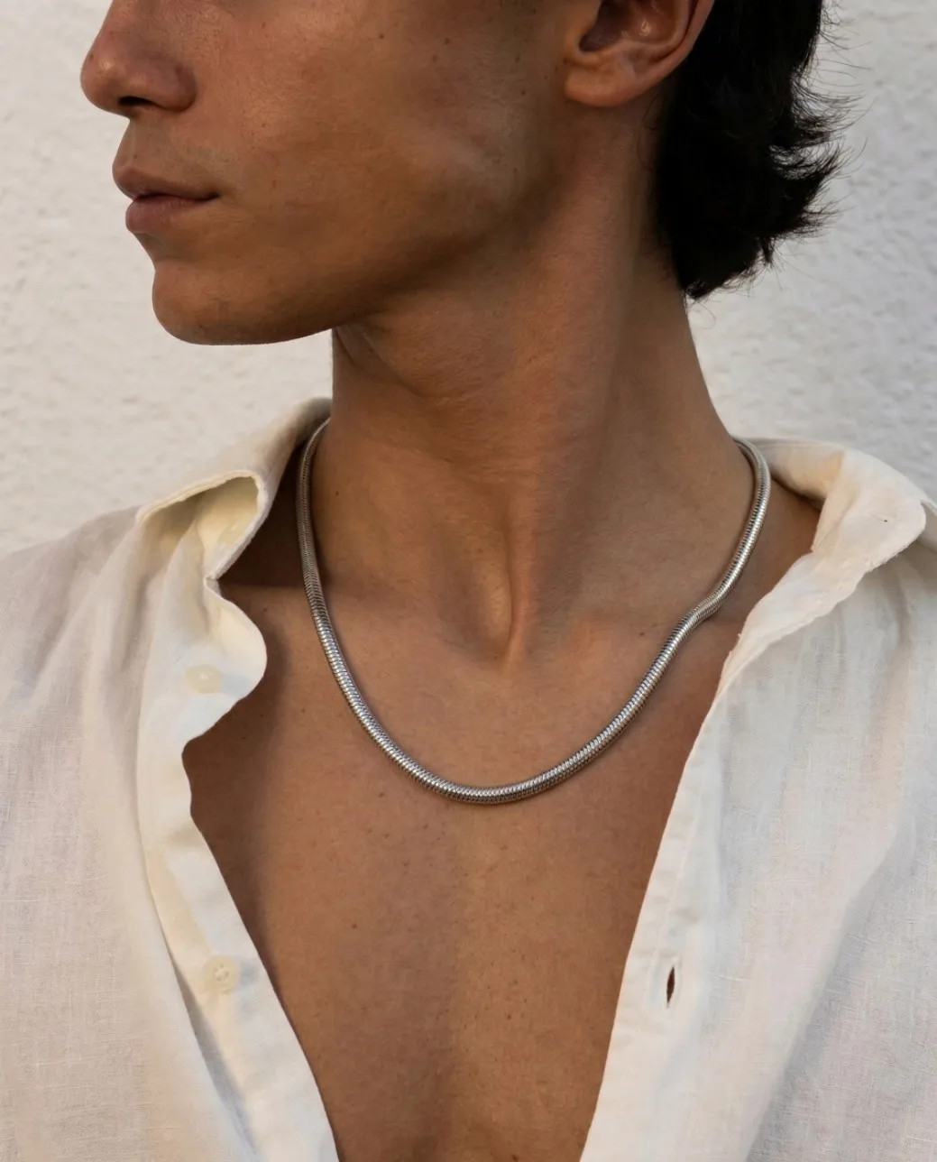 Men’s Trendy Titanium Steel Flat Snake Bone Chain Necklace Minimalist Hip Hop Ba