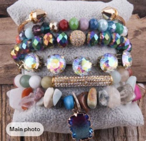 Natural Beaded Charm Stretch Bracelets Set Layered Party Stack Beads Gold Cuff