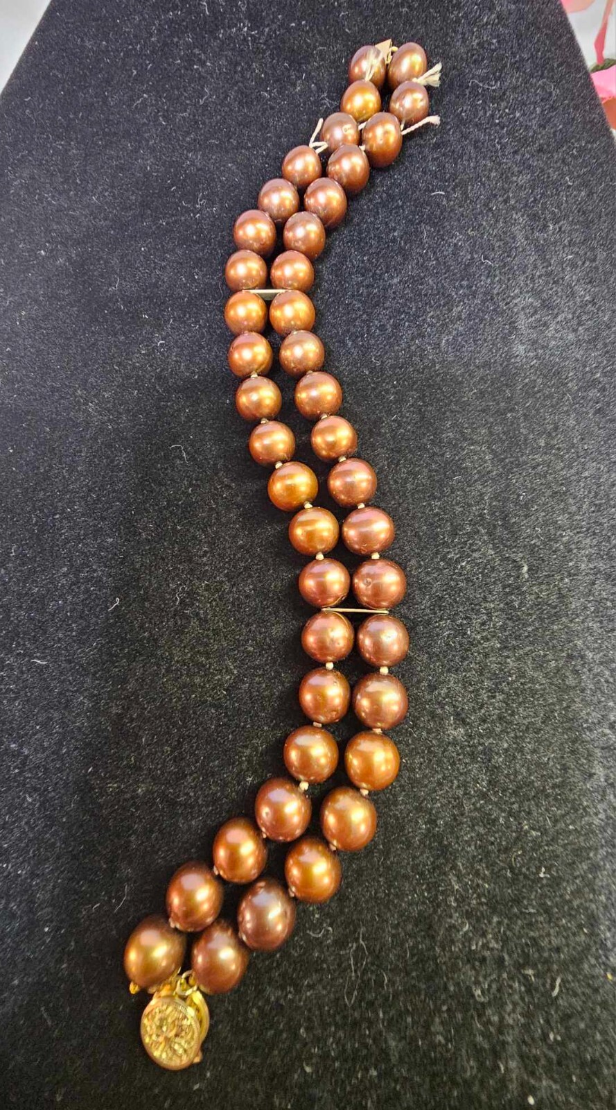 Marked 14K Flower Clasp Double Strand Bracelet w/ Brown Pearl 8.25in”- S37