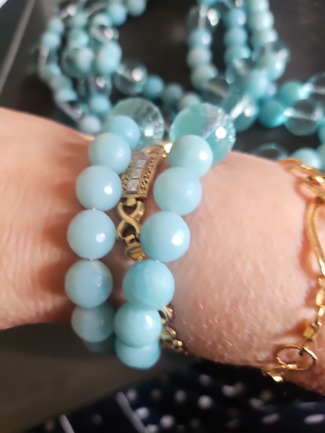 LP Genuine Stones Amazonite Bids & Blue Topaz 3 Strands Silver 925 Necklace 22″