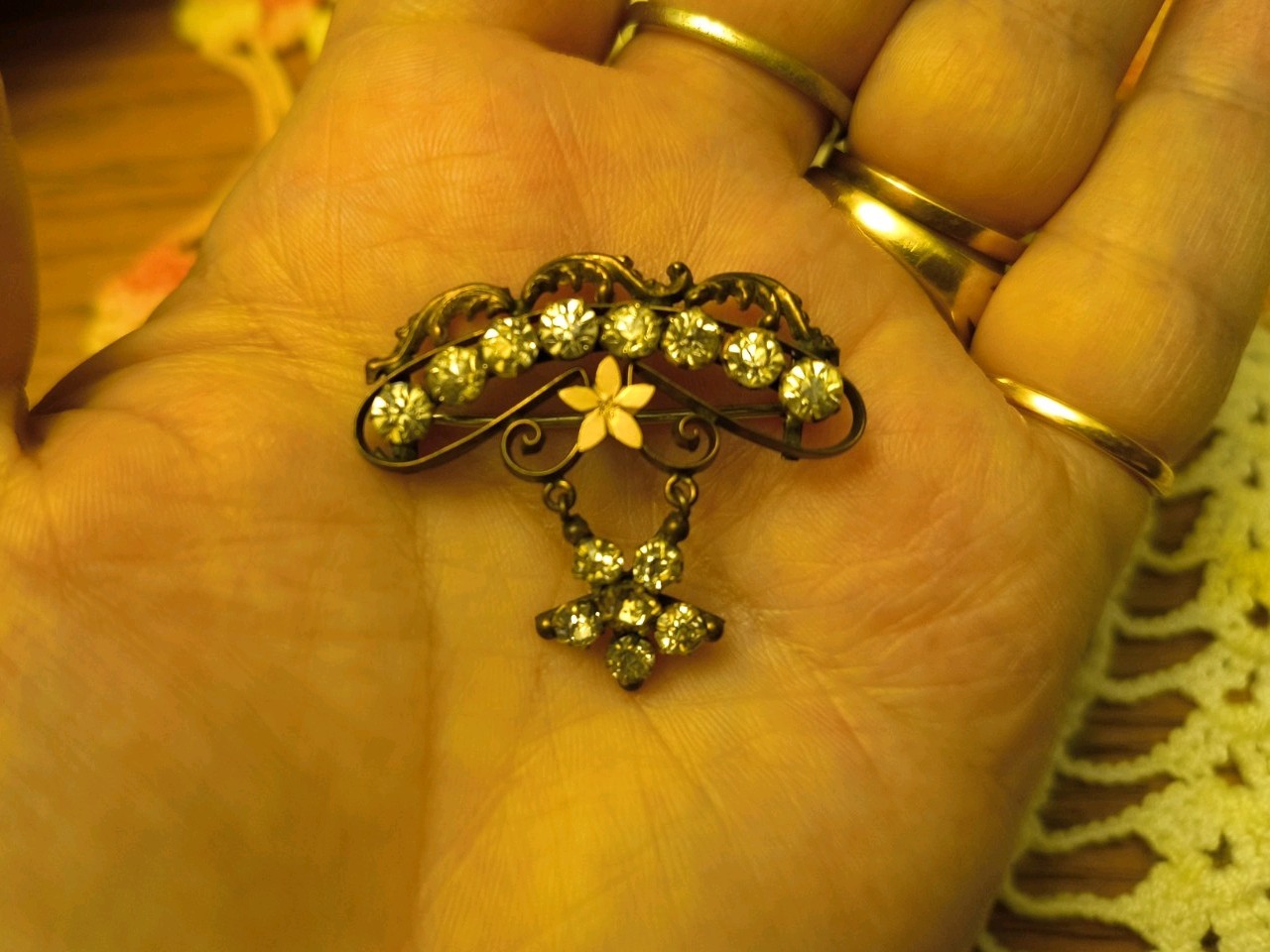 Antique Victorian Art Deco C-Clasp Pin Rhinestones GF Flower 1.5 X 1.25 Inch