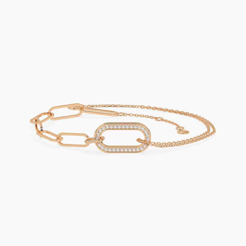 Paperclip Chain Link Statement Bracelet Round Moissanite 14K Yellow Gold Plated