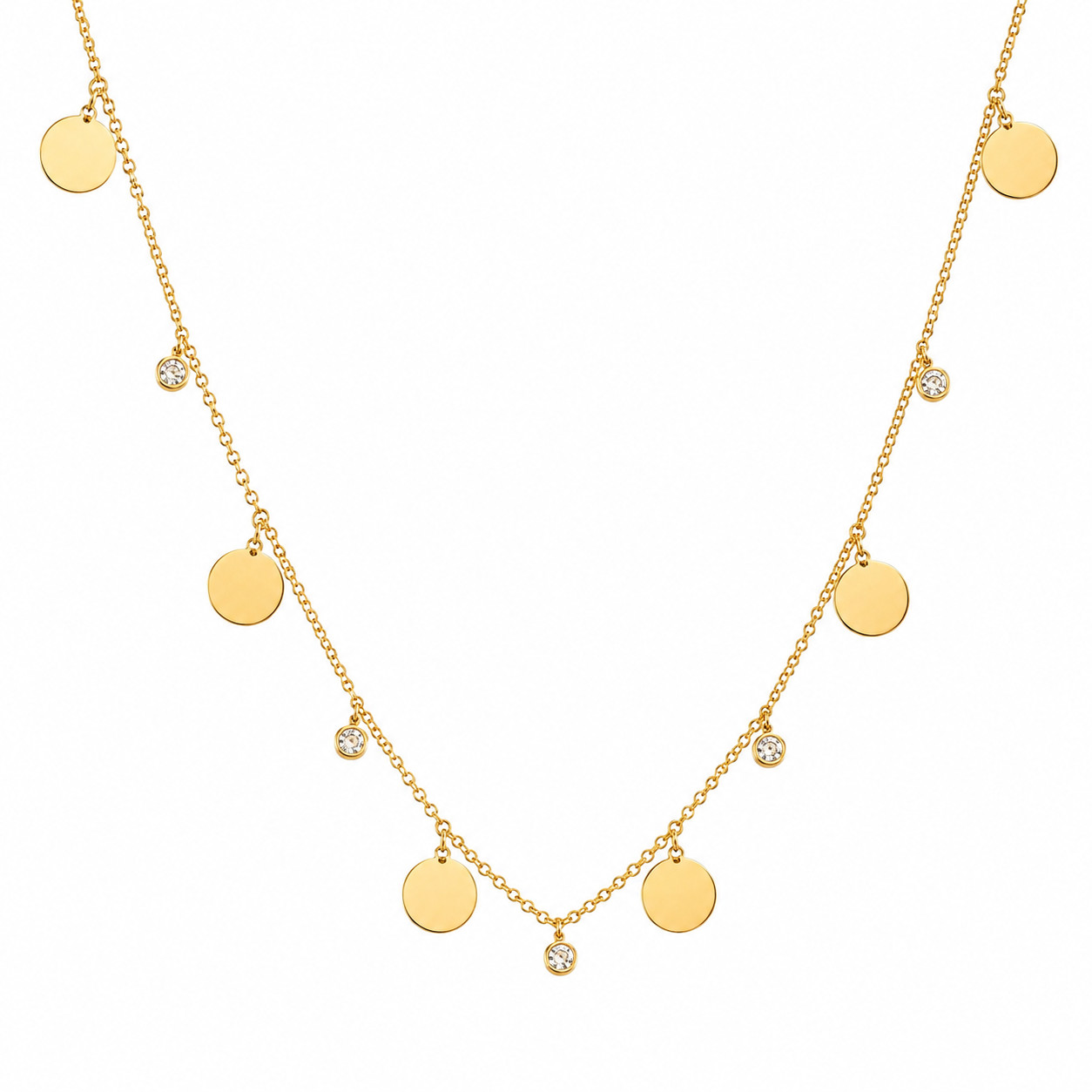 Elegant Gold Tone Disc Charm Necklace with Crystal Accents – Minimalist Fashion