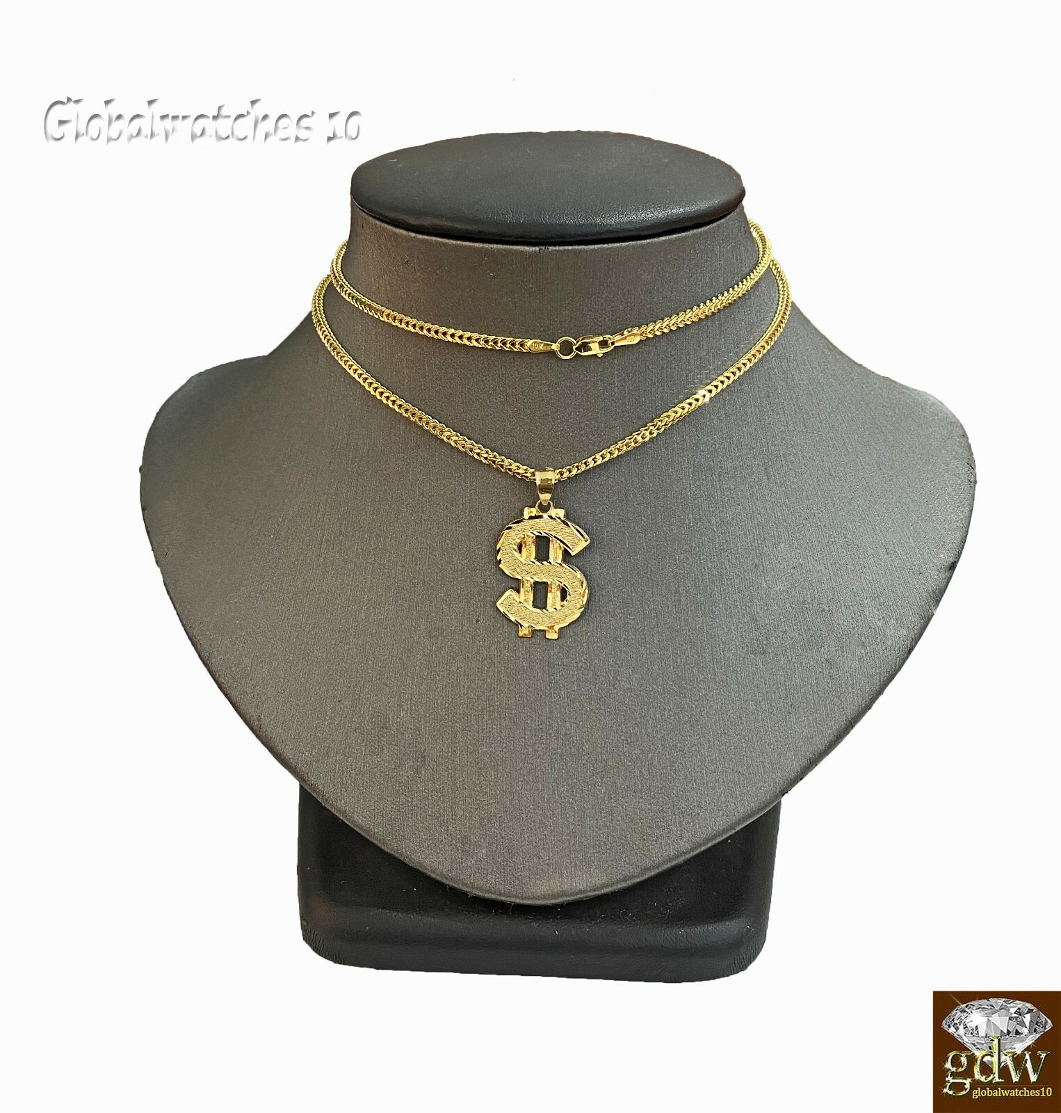 10k Gold Charm Pendant Dollar Money Sign with Franco Chain in 20 22 24 26 Inch