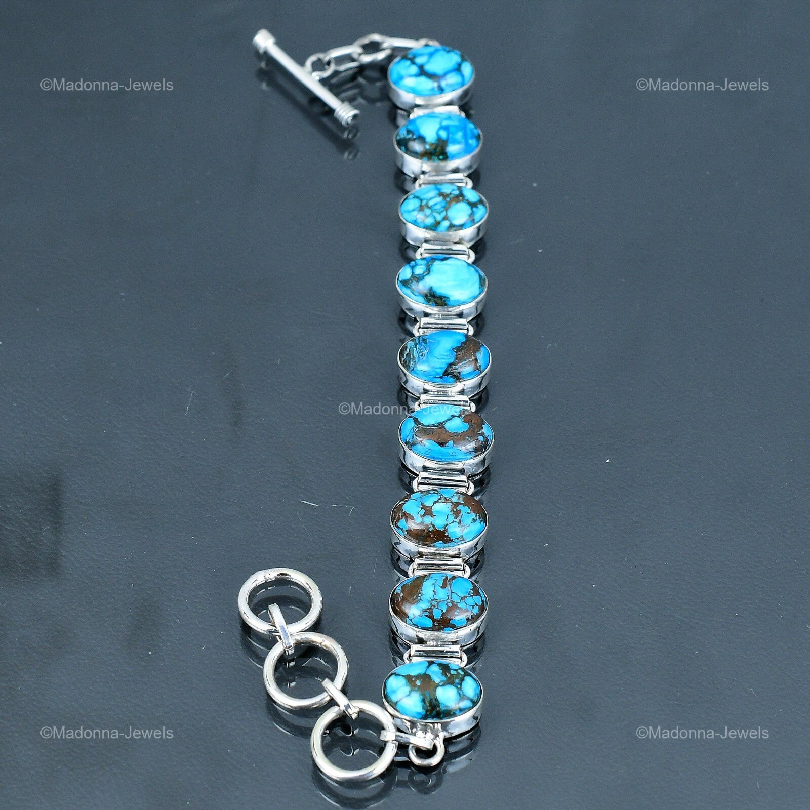 Womens day Sale 925 Silver Oval Natural Tibetan Turquoise Chain Bracelet Jewelry
