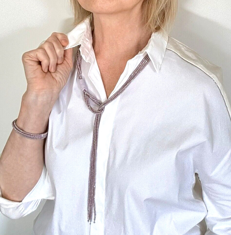 Crystal Lariat Necklace: Tie Necklace & Bracelet Set, Dusty Rose,Genuine Leather