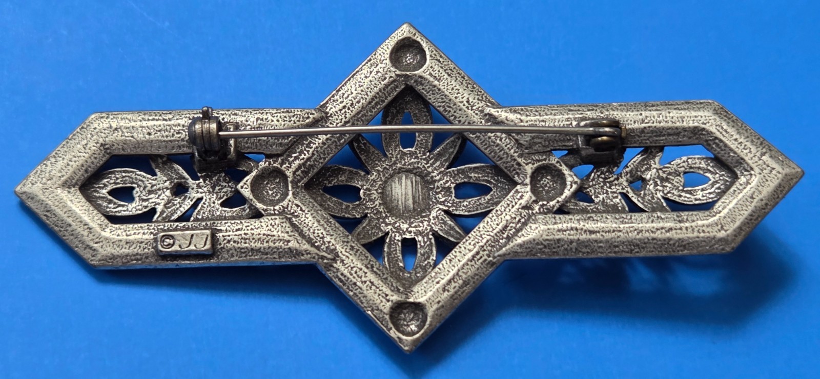 Vintage JJ Art Nouveau Pin Bar Brooch, Silver Tone Flower, Jonette Jewelry