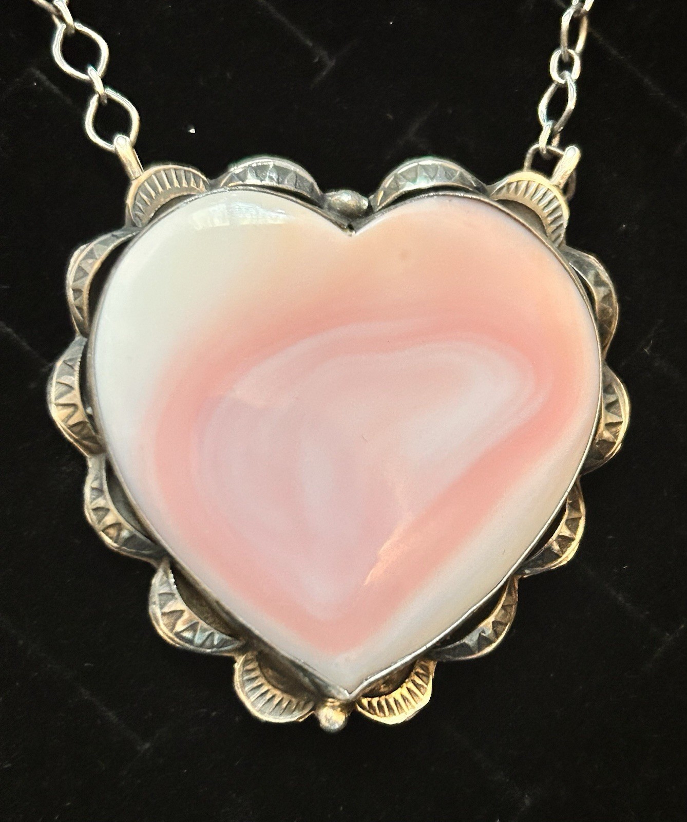 Navajo Handmade Sterling Silver & Pink Conch Heart Necklace by Artist Tia Long